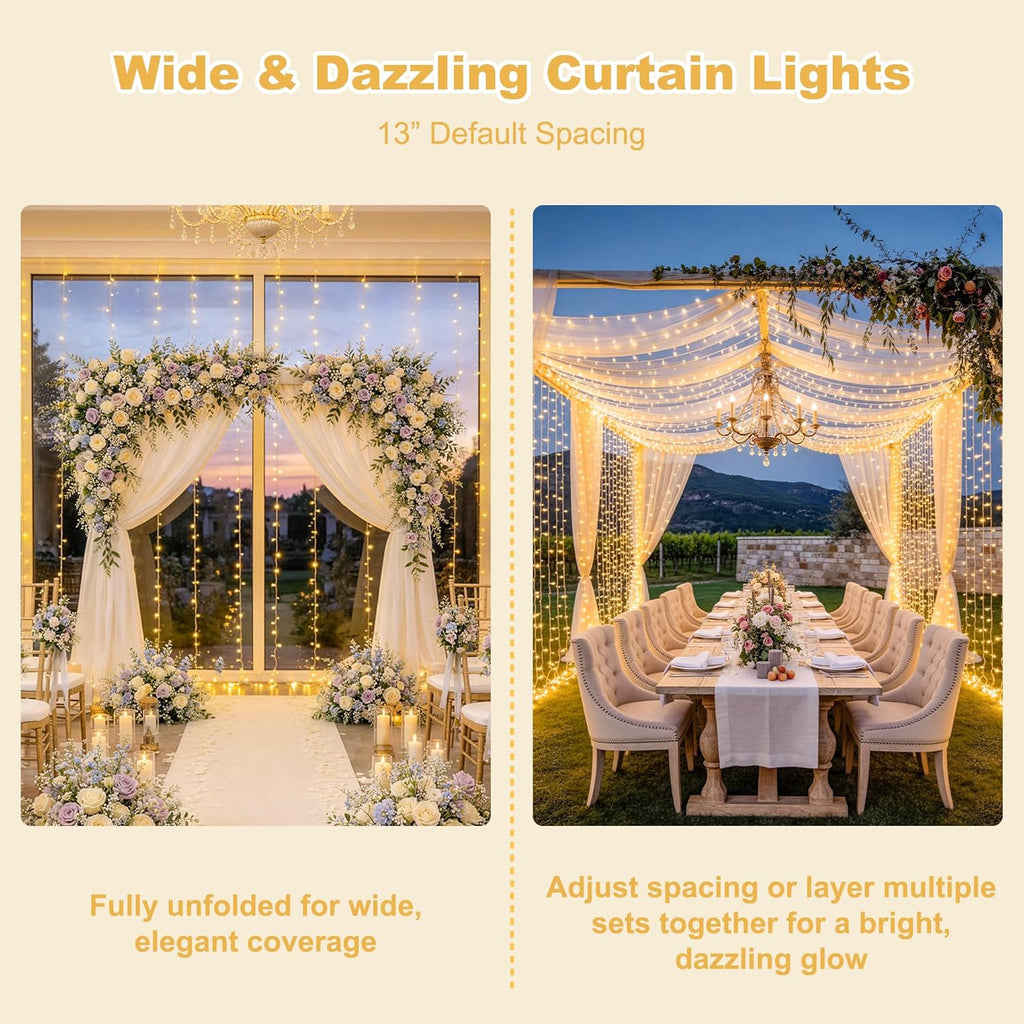 Warm White 600 LED Curtain String Lights 9.5×19.6ft, Indoor Outdoor Wedding Decor Lights