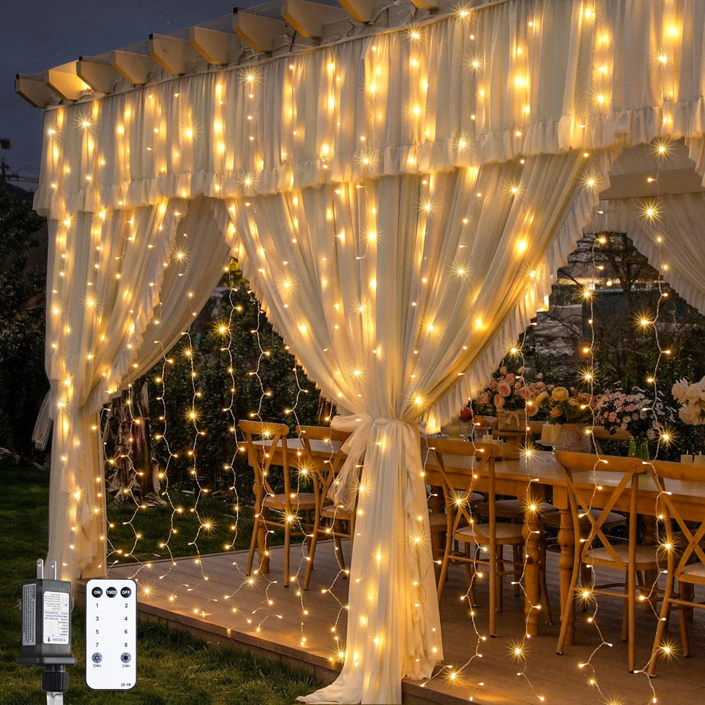 Warm White 600 LED Curtain String Lights 9.5×19.6ft, Indoor Outdoor Wedding Decor Lights