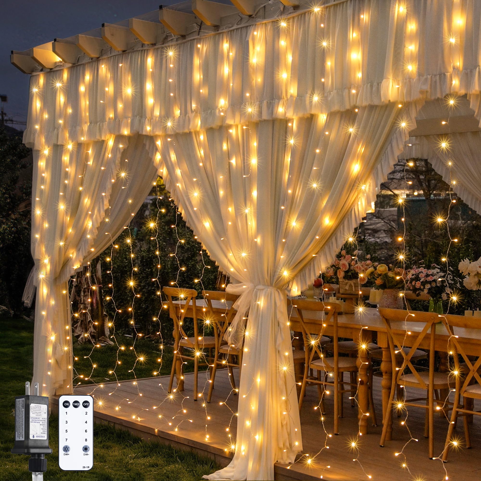 Warm White 600 LED Curtain String Lights 9.5×19.6ft, Indoor Outdoor Wedding Decor Lights