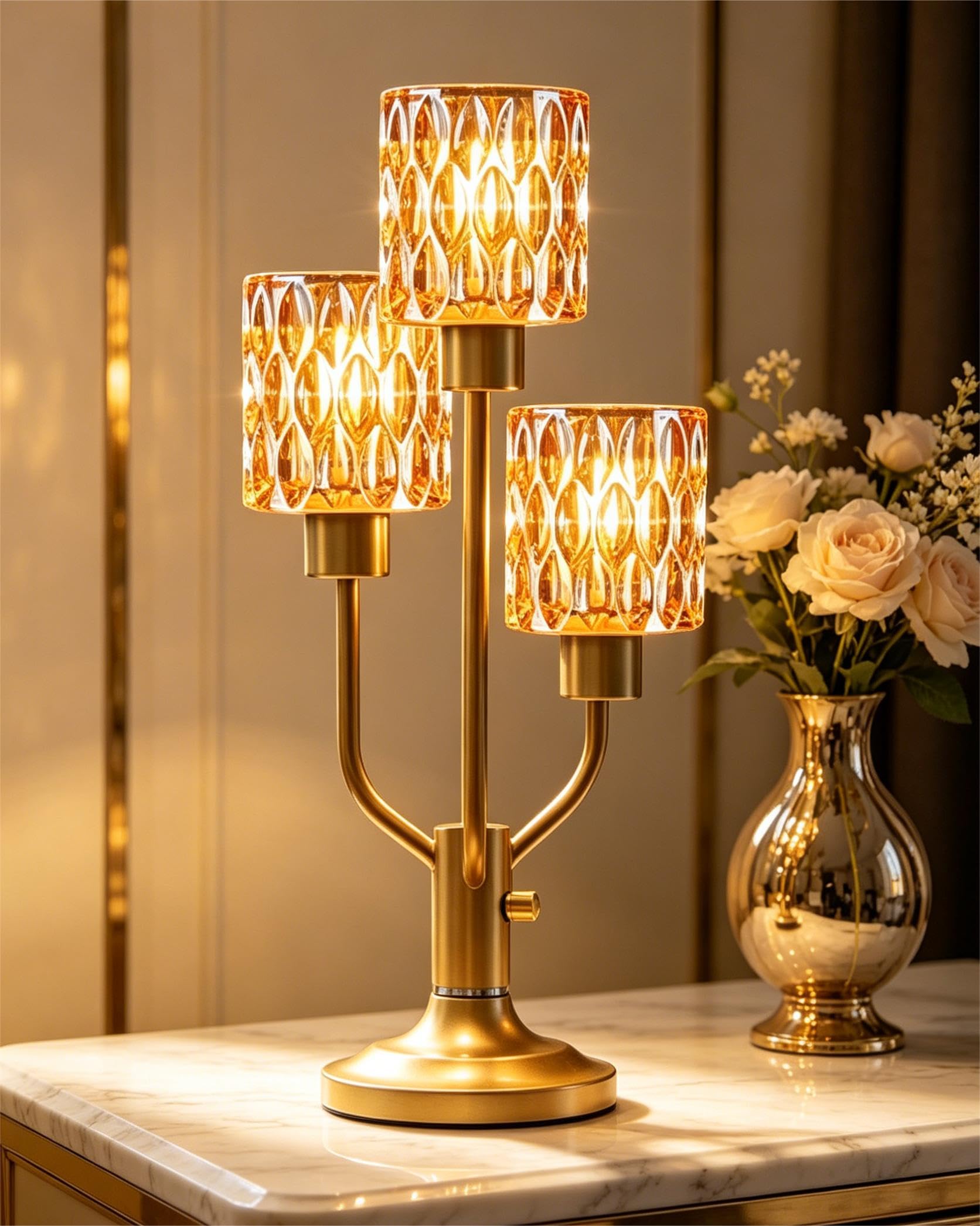 Mid Century Modern Table Lamp for Living Room Dimmable Nightstand Lamp Vintage Black Desk Lamp with Brown Glass 3 Bulbs Included Warmwhite Ambient Bedside Lamps for Bedroom Office Home Decor