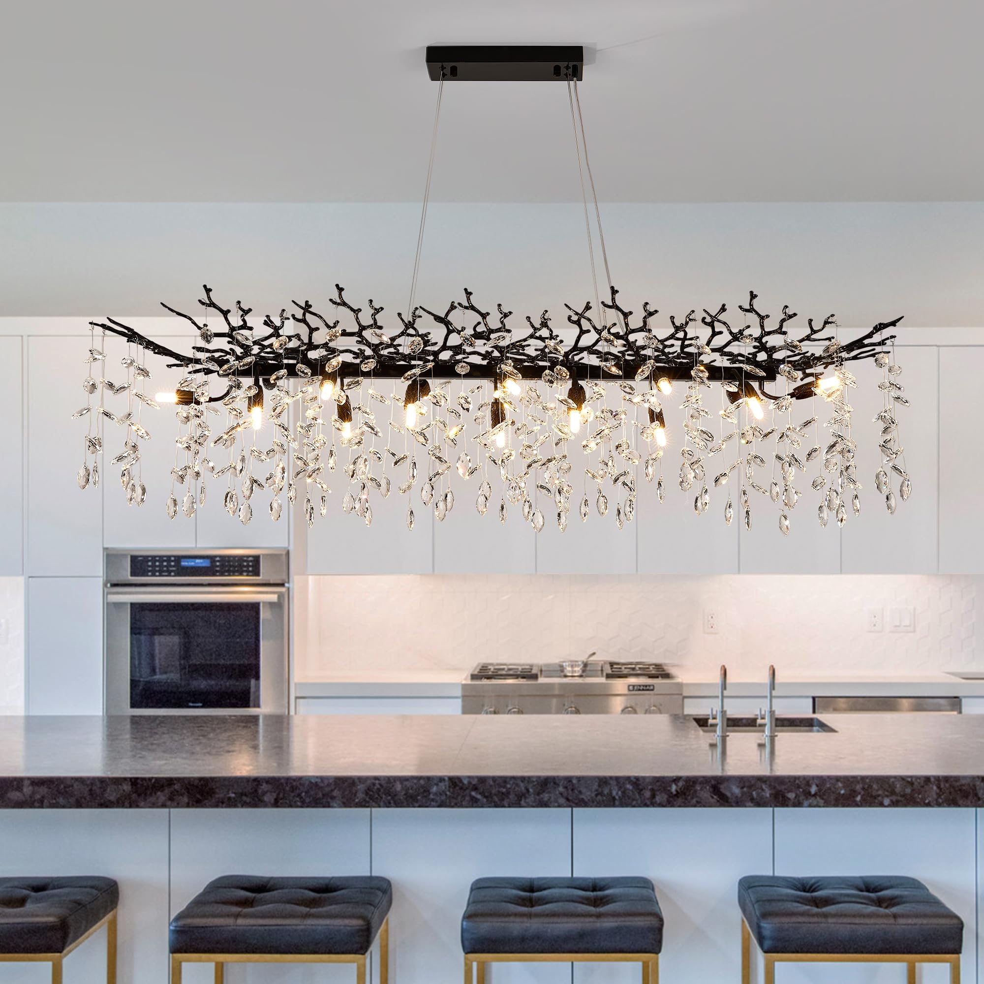 8-Light Modern Silver Crystal Chandelier 23.6", Tree Branch Pendant Lighting for Home