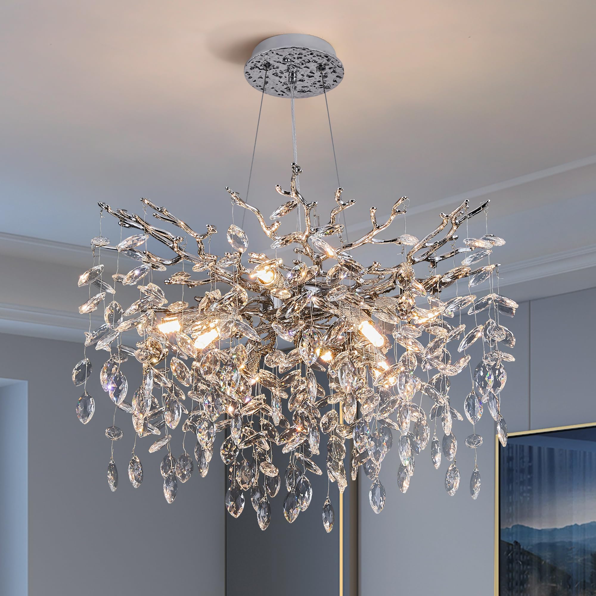 8-Light Modern Silver Crystal Chandelier 23.6", Tree Branch Pendant Lighting for Home