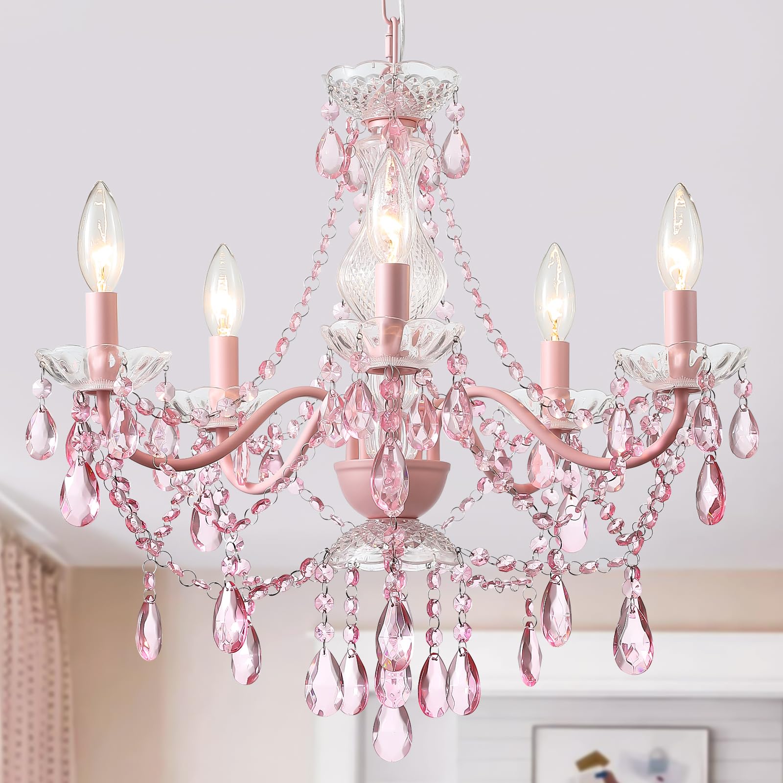 5 Light White Crystal Pendant Lamp, Ceramic Hanging Chandelier for Kitchen Wedding Decor