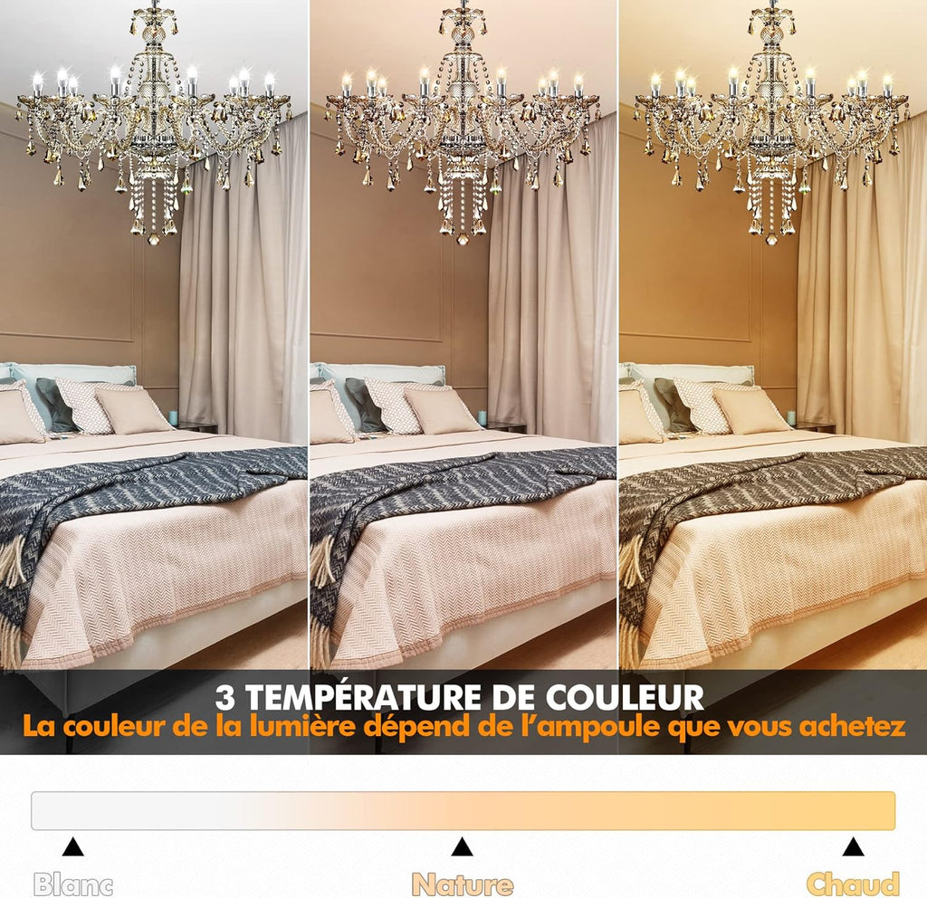 Ridgeyard 10-Light Crystal Chandelier Cognac/Champagne Modern K9 Crystal Candle Pendant Lamp Ceiling Lighting Fixture, Chandeliers for Dining Room Home Decor