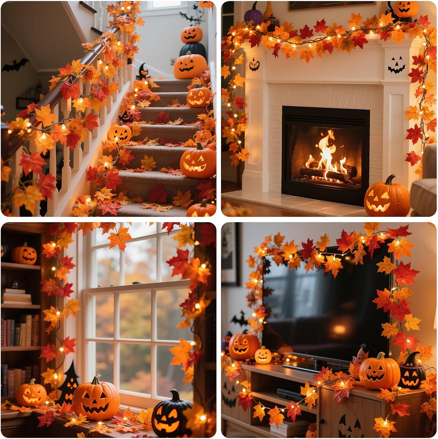 2Pack Fall Garland with Lights Battery Operated,10FT 50 Orange Bulbs Lighted Fall Leaves Garland,Fall Decorations for Home Thanksgiving,Mantel,Fireplace,Porch,Halloween,Table Decor Indoor Outdoor
