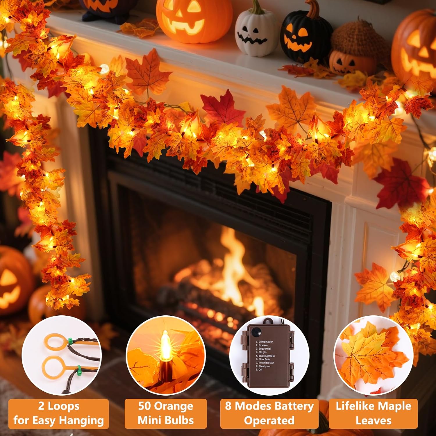 2Pack Fall Garland with Lights Battery Operated,10FT 50 Orange Bulbs Lighted Fall Leaves Garland,Fall Decorations for Home Thanksgiving,Mantel,Fireplace,Porch,Halloween,Table Decor Indoor Outdoor