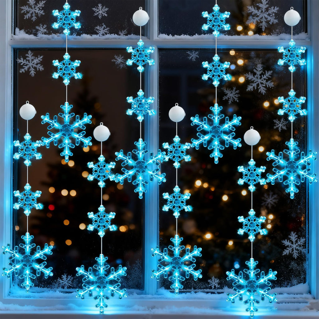 Tujoe 8 Pack Timer Christmas Window Lights Decorations Snowflake Christmas Hanging Lights with Suction Cup, 2 Modes Battery Operated for Xmas Holiday New Year Outdoor Indoor Decor (Warm White)