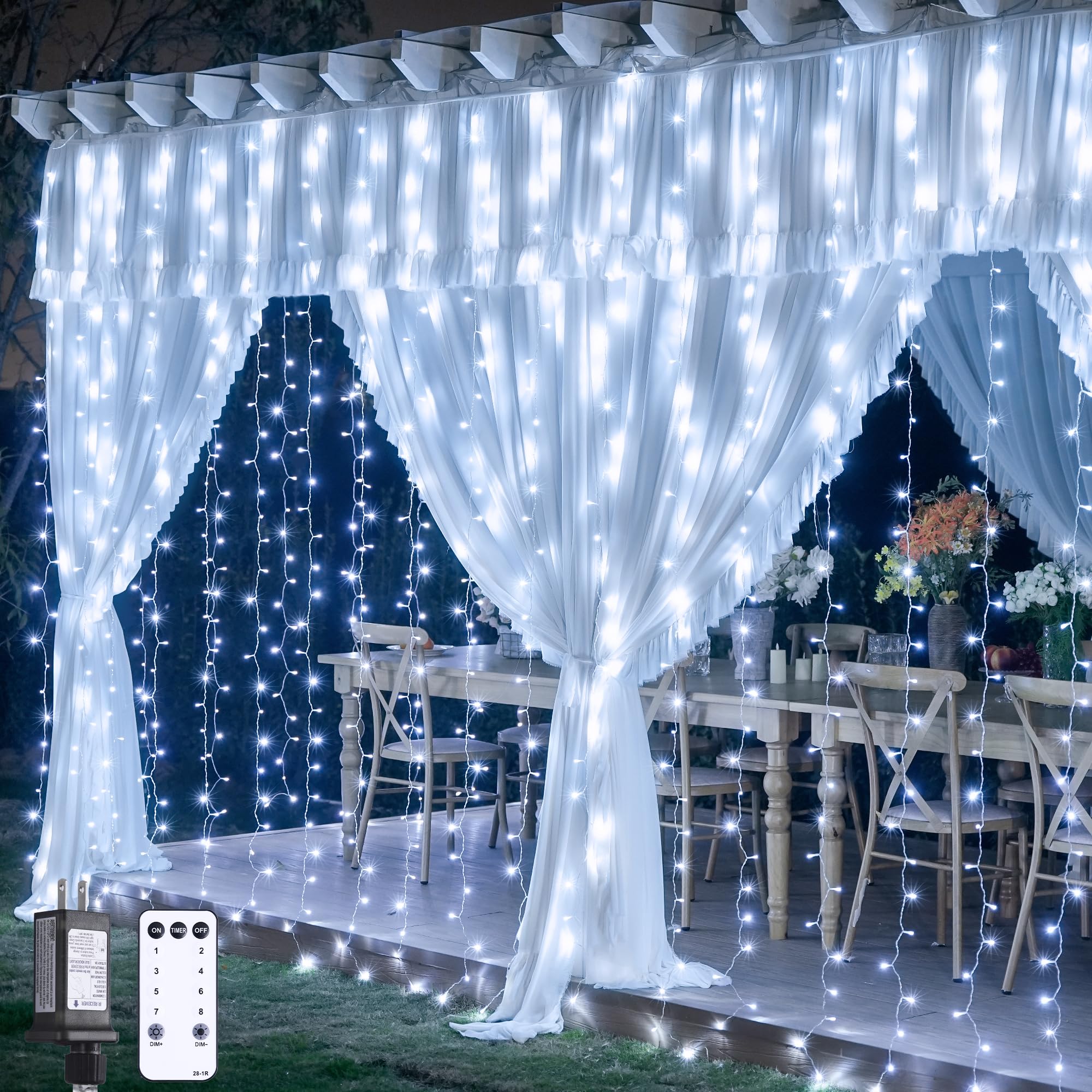 Warm White 600 LED Curtain String Lights 9.5×19.6ft, Indoor Outdoor Wedding Decor Lights
