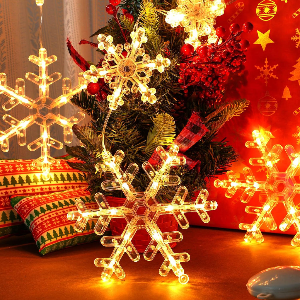 Tujoe 8 Pack Timer Christmas Window Lights Decorations Snowflake Christmas Hanging Lights with Suction Cup, 2 Modes Battery Operated for Xmas Holiday New Year Outdoor Indoor Decor (Warm White)