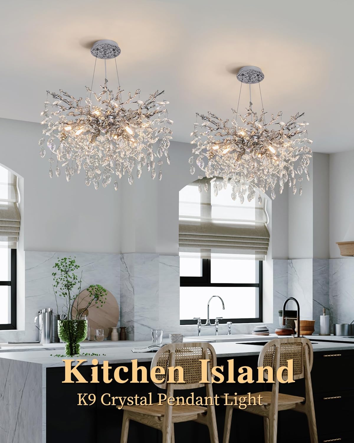 8-Light Modern Silver Crystal Chandelier 23.6", Tree Branch Pendant Lighting for Home
