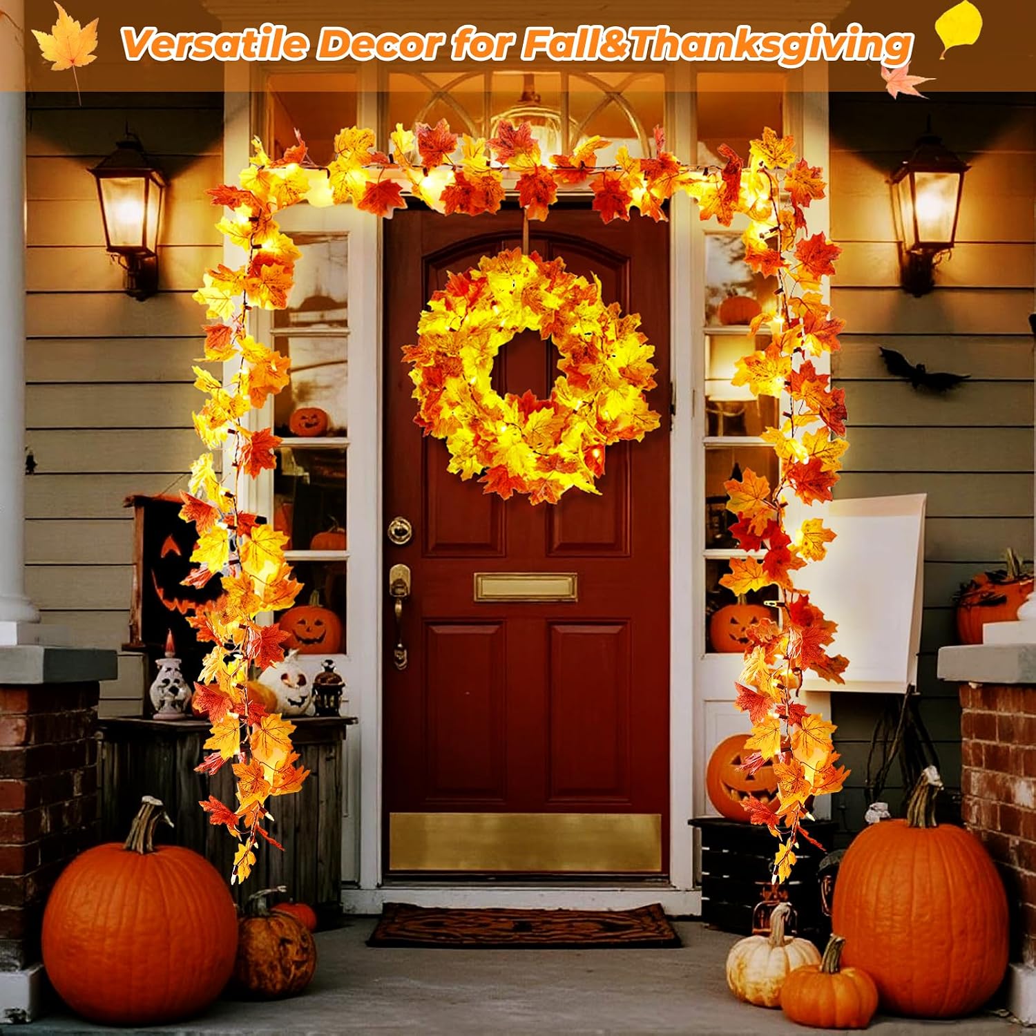 2Pack Fall Garland with Lights Battery Operated,10FT 50 Orange Bulbs Lighted Fall Leaves Garland,Fall Decorations for Home Thanksgiving,Mantel,Fireplace,Porch,Halloween,Table Decor Indoor Outdoor