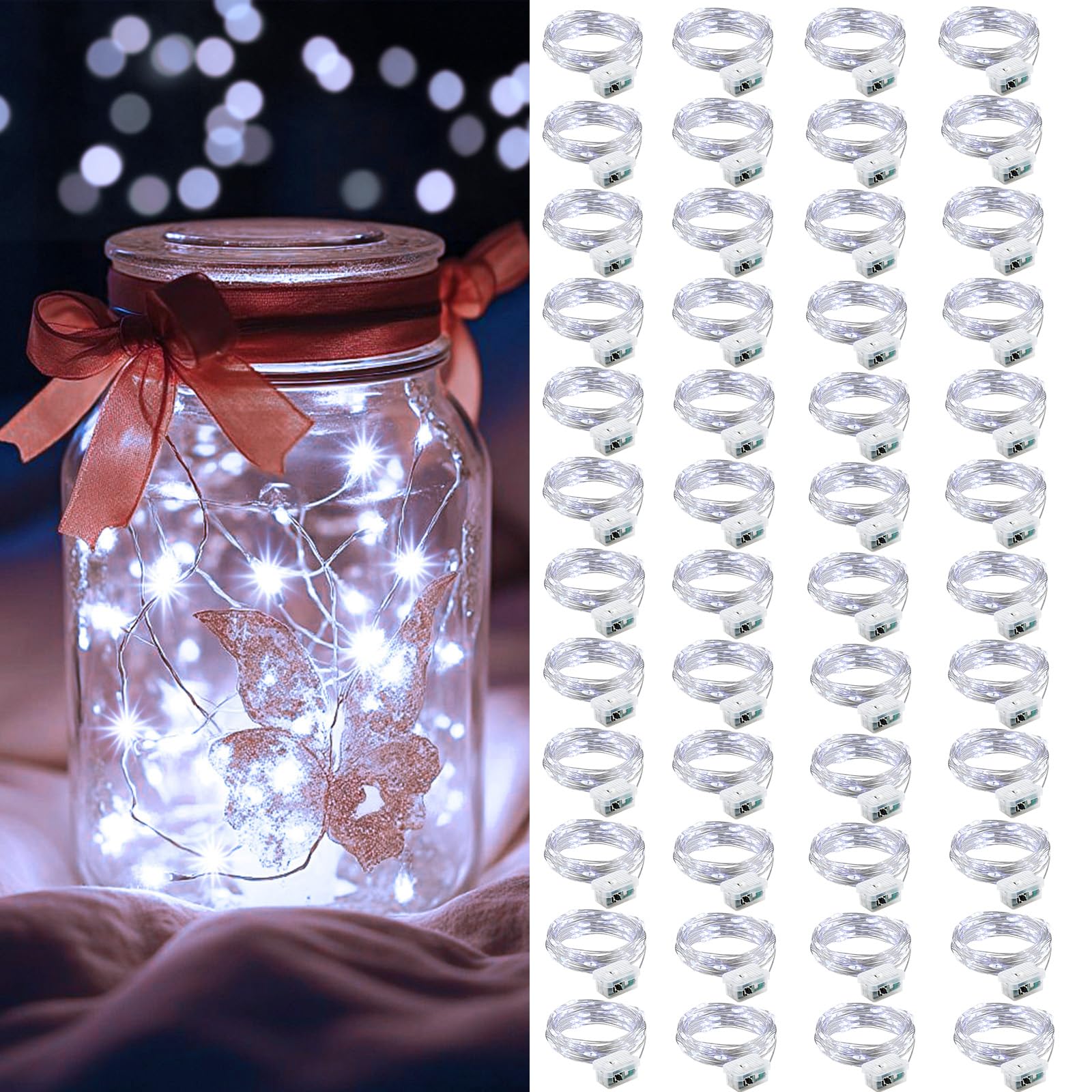 AIKEI 48 Pack LED Fairy Lights Battery Operated, Fairy String Lights Waterproof 7 Feet 20 Led Firefly Starry Lamps for Wedding Party Bedroom Garden Halloween Christmas Decoration White