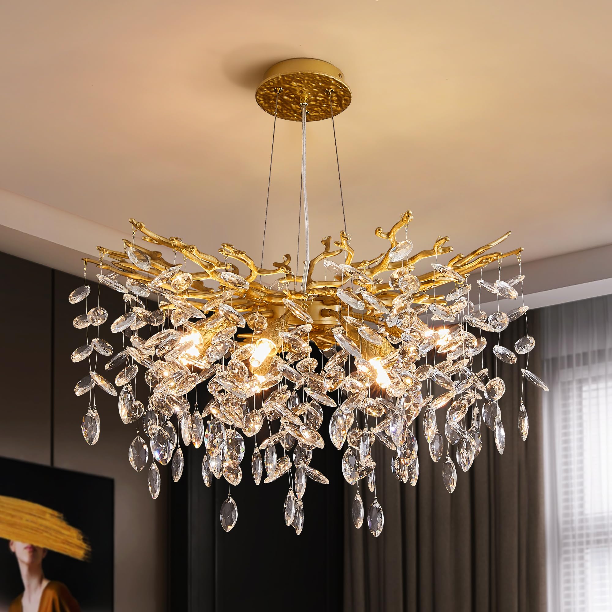 8-Light Modern Silver Crystal Chandelier 23.6", Tree Branch Pendant Lighting for Home