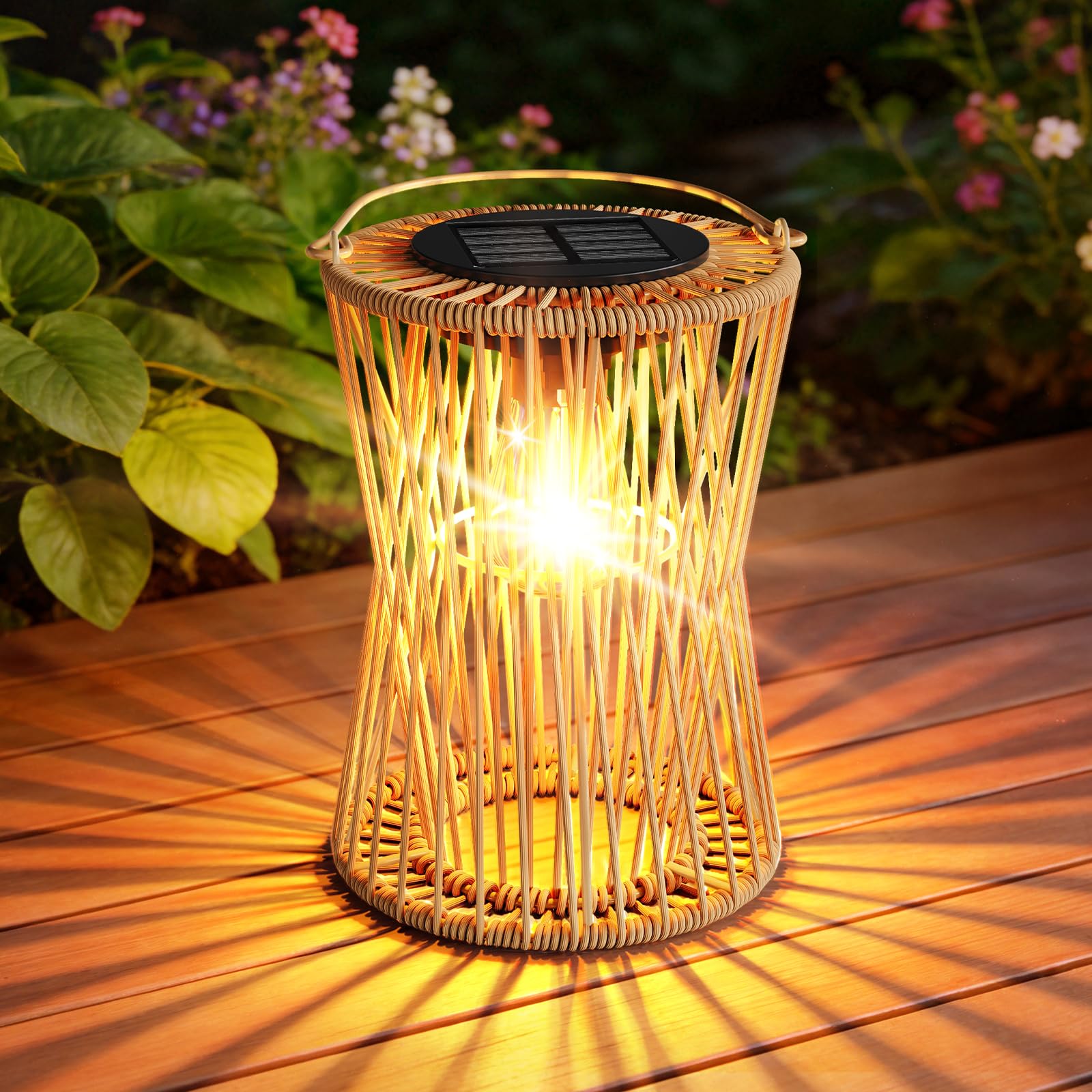Solar Lanterns Outdoor Waterproof 4 Pack, Upgraded Rattan Hanging Solar Lights for Outside with Handle, Bright Auto On/Off Decorative Outdoor Lanterns for Patio Garden Yard Porch, Gifts for Mom