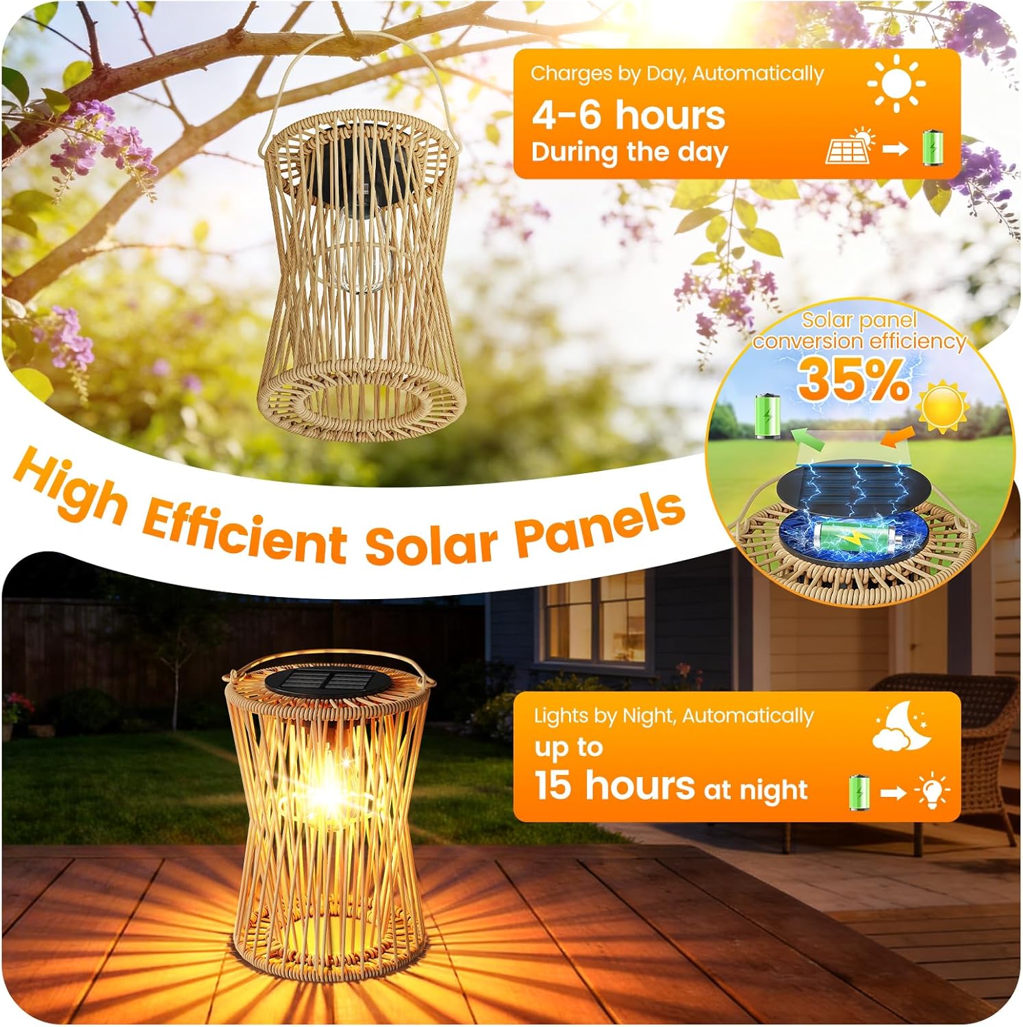 Solar Lanterns Outdoor Waterproof 4 Pack, Upgraded Rattan Hanging Solar Lights for Outside with Handle, Bright Auto On/Off Decorative Outdoor Lanterns for Patio Garden Yard Porch, Gifts for Mom