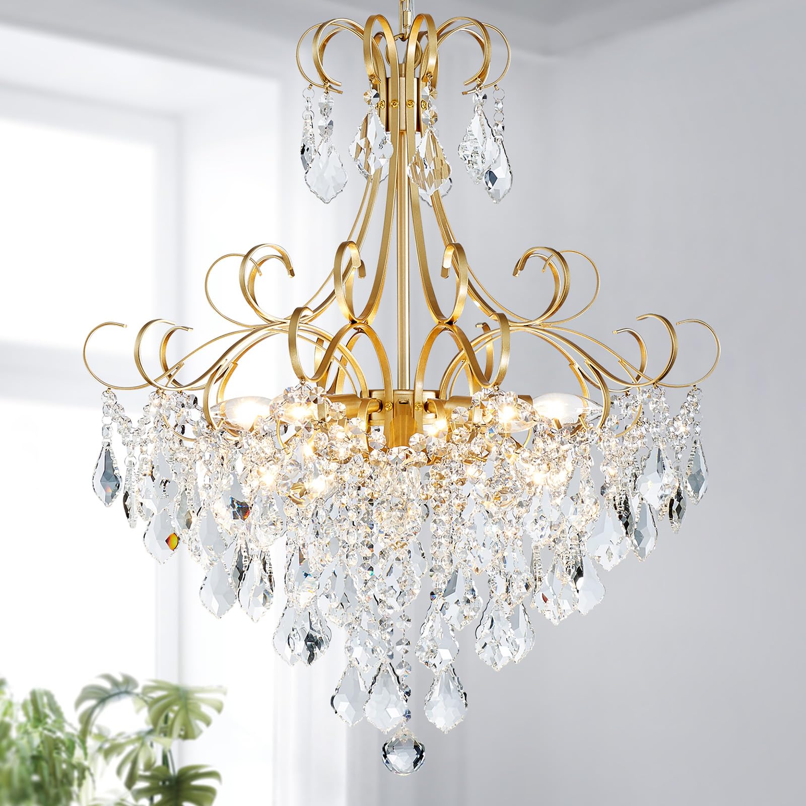 WUZUPS Crystal Chandelier 10-Light Pendant Ceiling Light Modern Lighting Fixture for Dining Room Hallway Bedroom Kitchen Bathroom, H 27.6" x W 22.8", E12 Base, Black