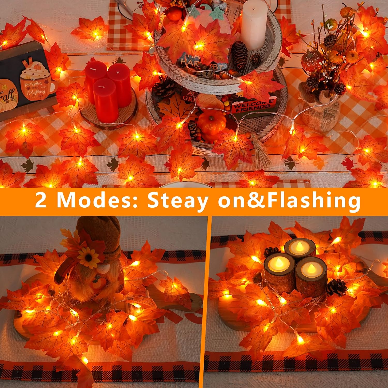 YEGUO 6 PCS Thanksgiving Decorations for Home, Fall Lights Battery Operated, Total 60ft 120 LED Lighted Fall Garland Maple Leaves for Halloween Holiday Autumn Harvest Fall Thanksgiving Decor