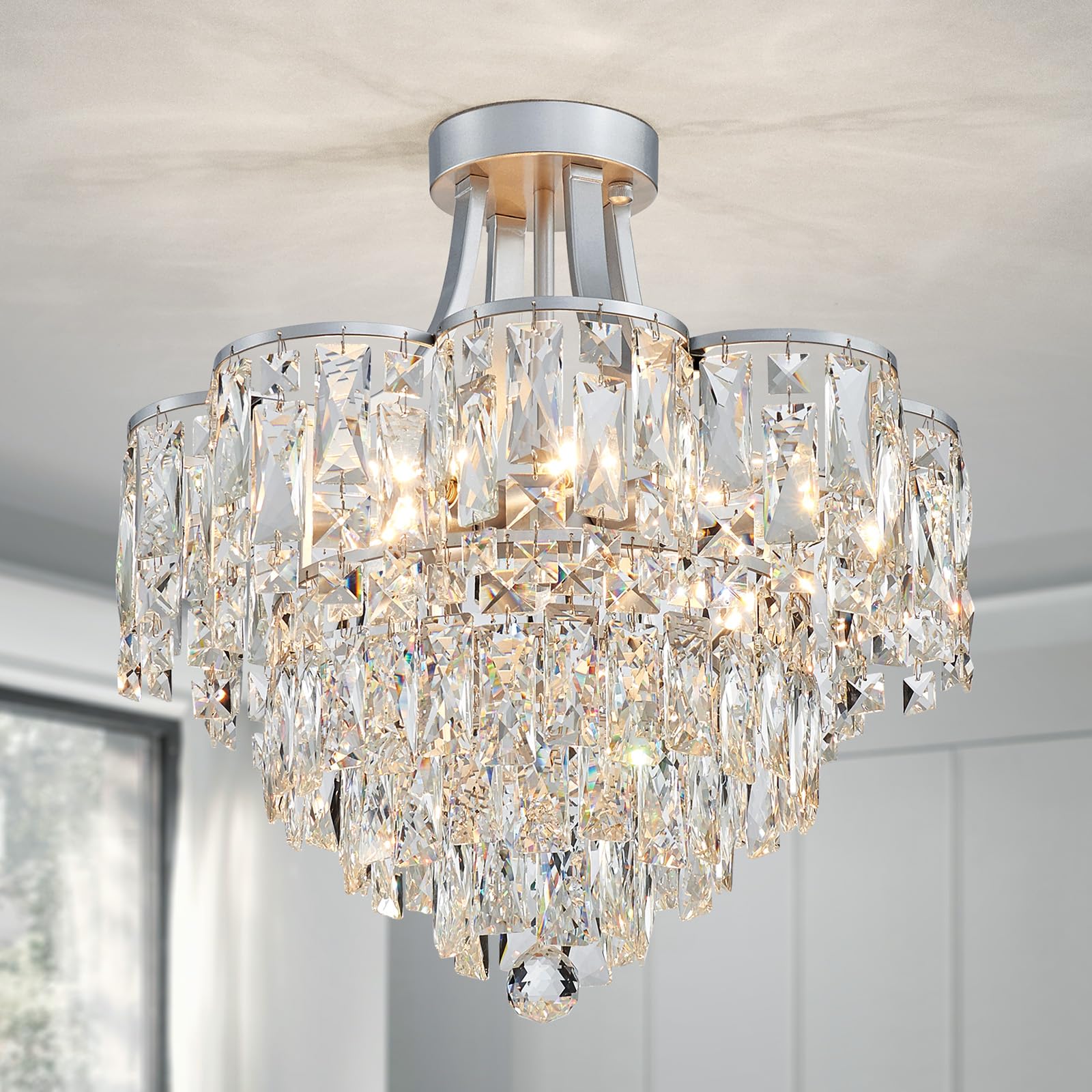 WUZUPS Crystal Chandelier Semi-Flushmount Ceiling Light Modern Lighting Fixture for Bedroom Hallway Entry Kitchen Bathroom, H 19.3" x W 18.3", E12 Base, Gold