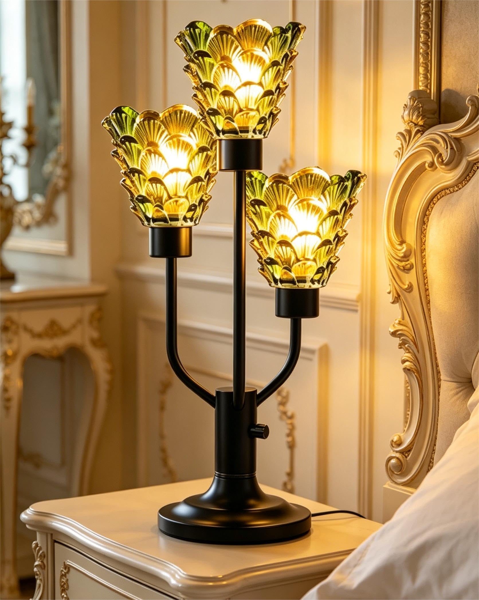 Mid Century Modern Table Lamp for Living Room Dimmable Nightstand Lamp Vintage Black Desk Lamp with Brown Glass 3 Bulbs Included Warmwhite Ambient Bedside Lamps for Bedroom Office Home Decor