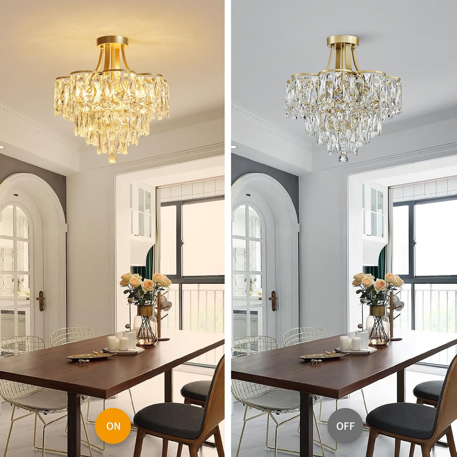 WUZUPS Crystal Chandelier Semi-Flushmount Ceiling Light Modern Lighting Fixture for Bedroom Hallway Entry Kitchen Bathroom, H 19.3" x W 18.3", E12 Base, Gold