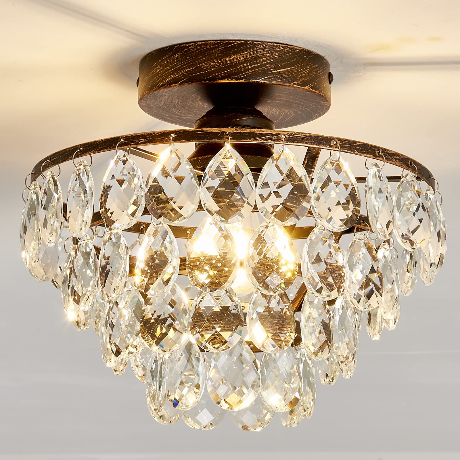 YYJLX Modern E26 Small Crystal Chandelier Semi Flush Mount Ceiling Light Fixture Silver Ceiling Lamp for Hallway Bedroom Bathroom Closet Bedroom Foyer （Chrome）