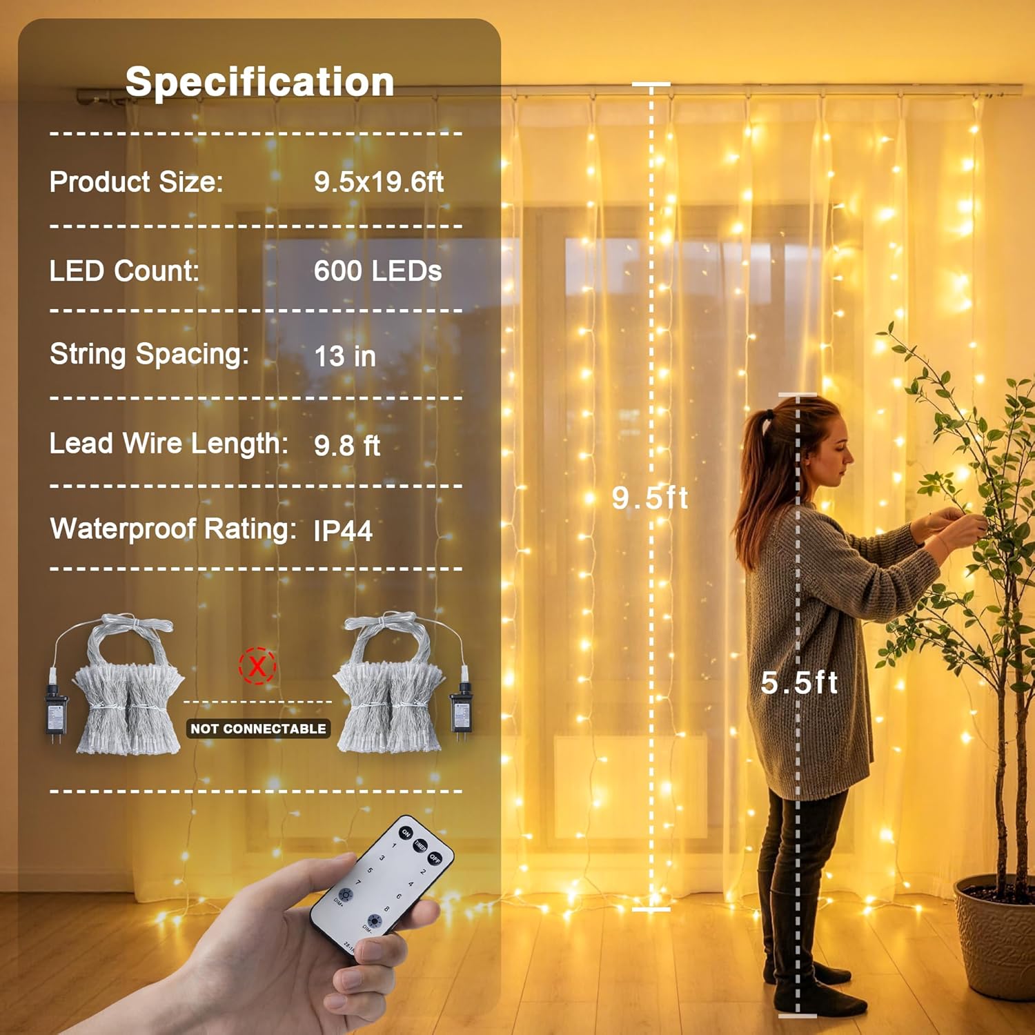 Warm White 600 LED Curtain String Lights 9.5×19.6ft, Indoor Outdoor Wedding Decor Lights