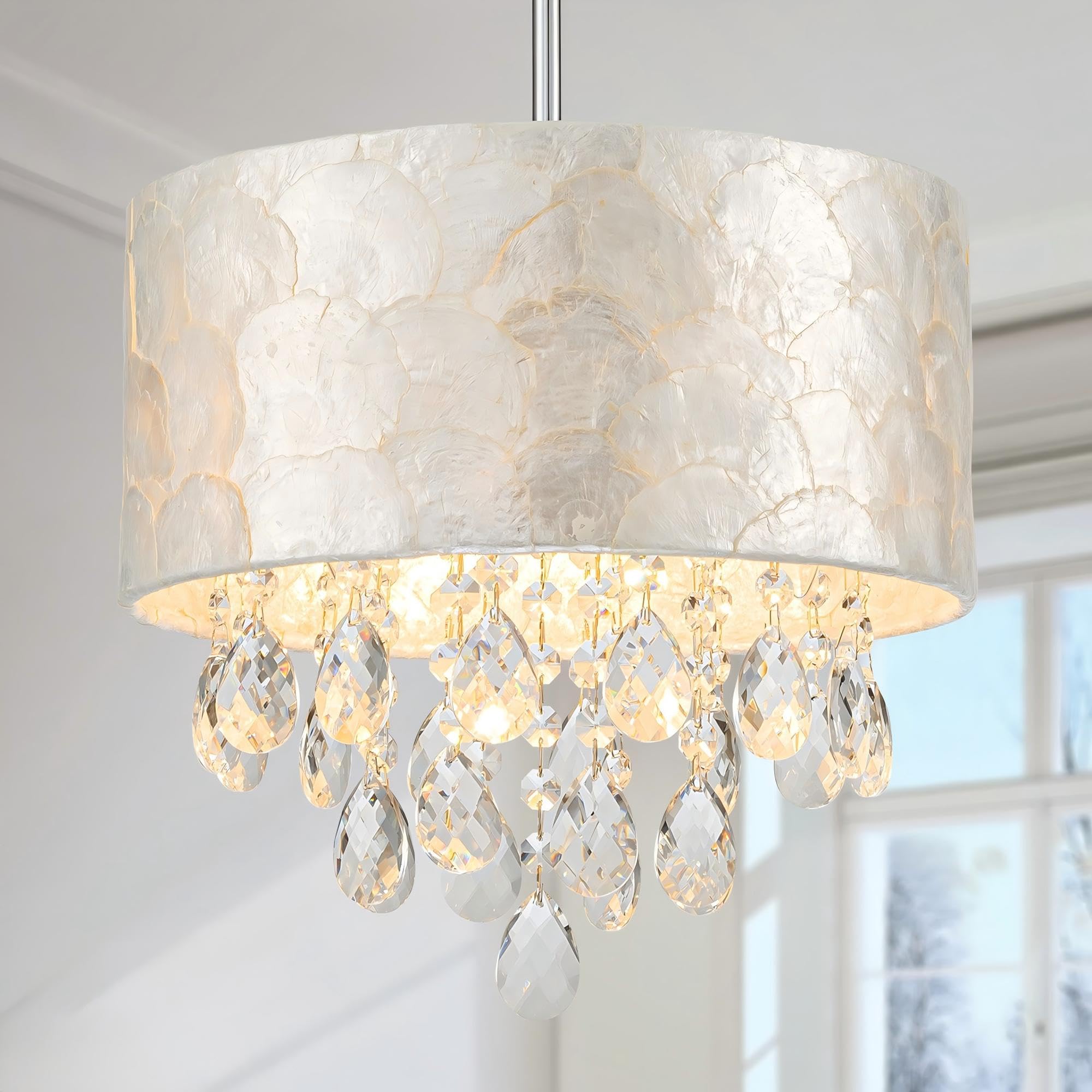 LumFurn X-Large 6-Light Drum Capiz Shell Crystal Chandeliers, Coastal Style Pendant Light Fixture for Dining Room, Living Room, D24 x H23~71 inch(Adjustable), Shell Lampshade & Chrome Finish