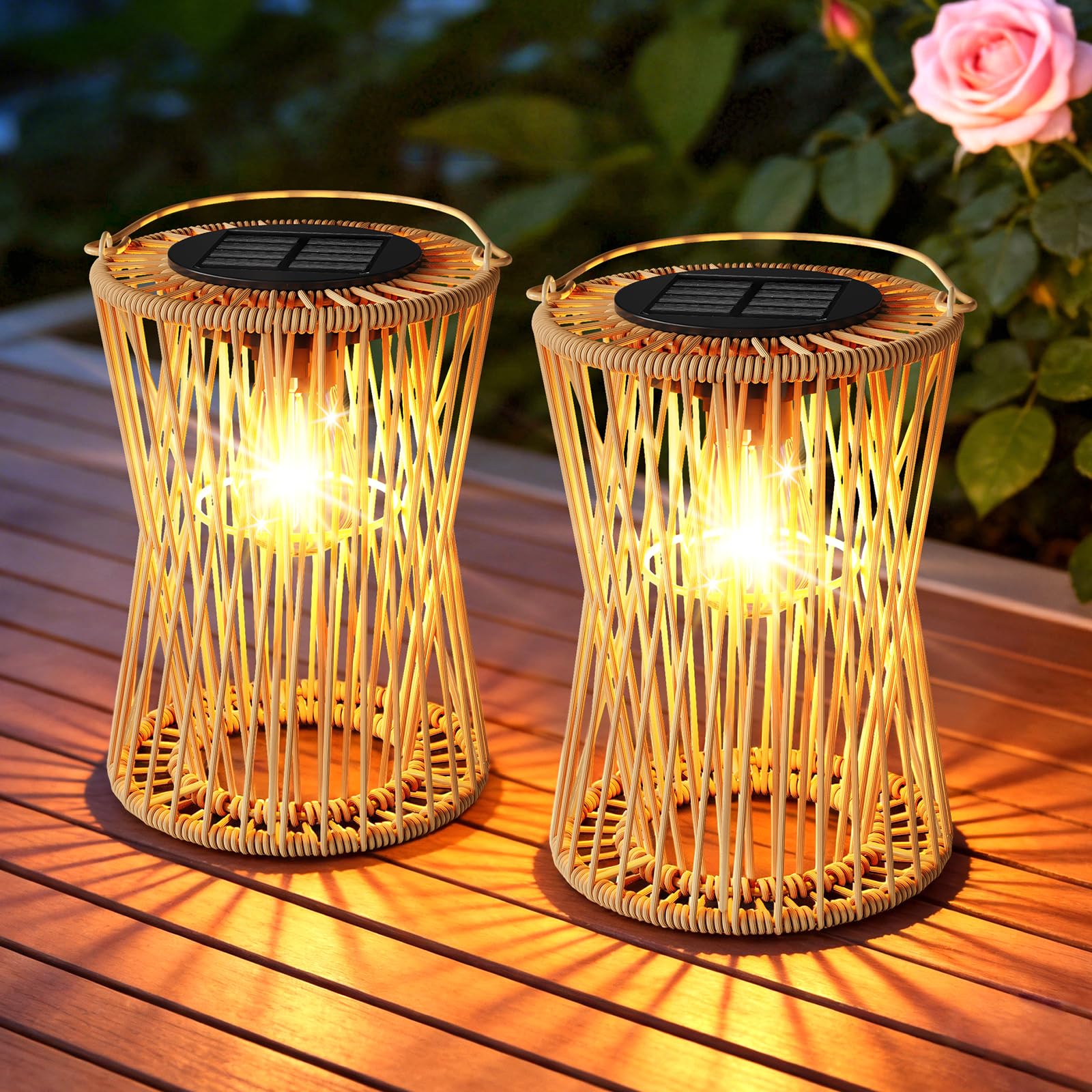 Solar Lanterns Outdoor Waterproof 4 Pack, Upgraded Rattan Hanging Solar Lights for Outside with Handle, Bright Auto On/Off Decorative Outdoor Lanterns for Patio Garden Yard Porch, Gifts for Mom