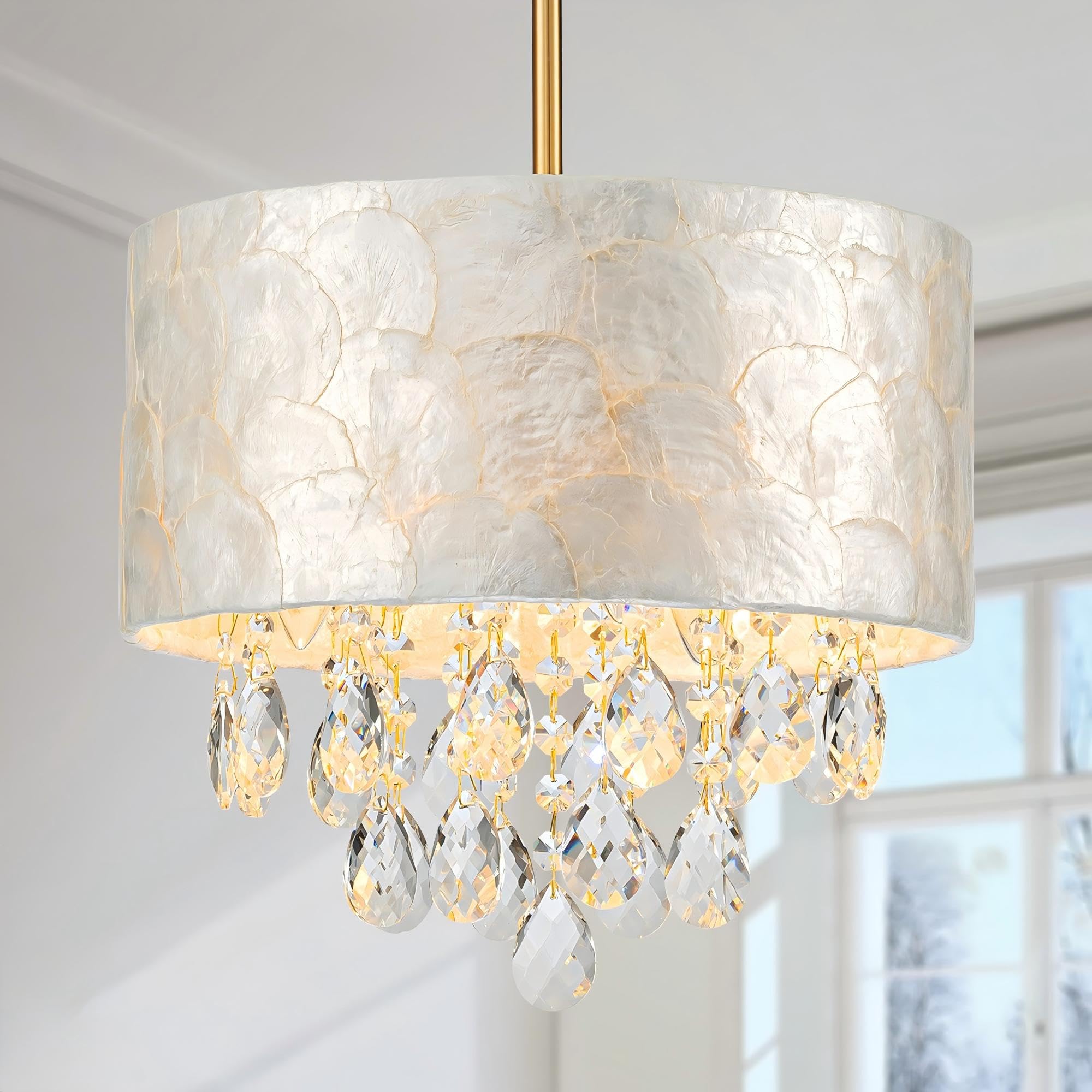 LumFurn X-Large 6-Light Drum Capiz Shell Crystal Chandeliers, Coastal Style Pendant Light Fixture for Dining Room, Living Room, D24 x H23~71 inch(Adjustable), Shell Lampshade & Chrome Finish