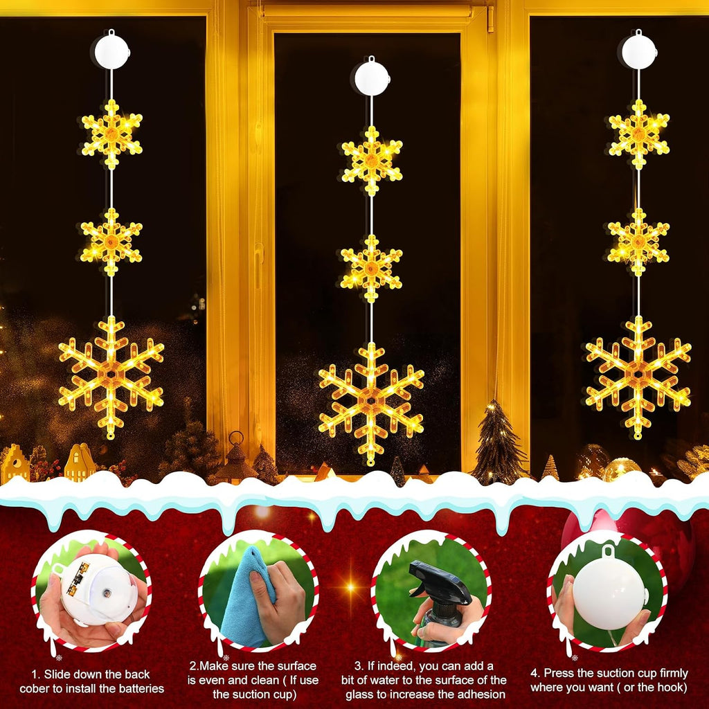 Tujoe 8 Pack Timer Christmas Window Lights Decorations Snowflake Christmas Hanging Lights with Suction Cup, 2 Modes Battery Operated for Xmas Holiday New Year Outdoor Indoor Decor (Warm White)