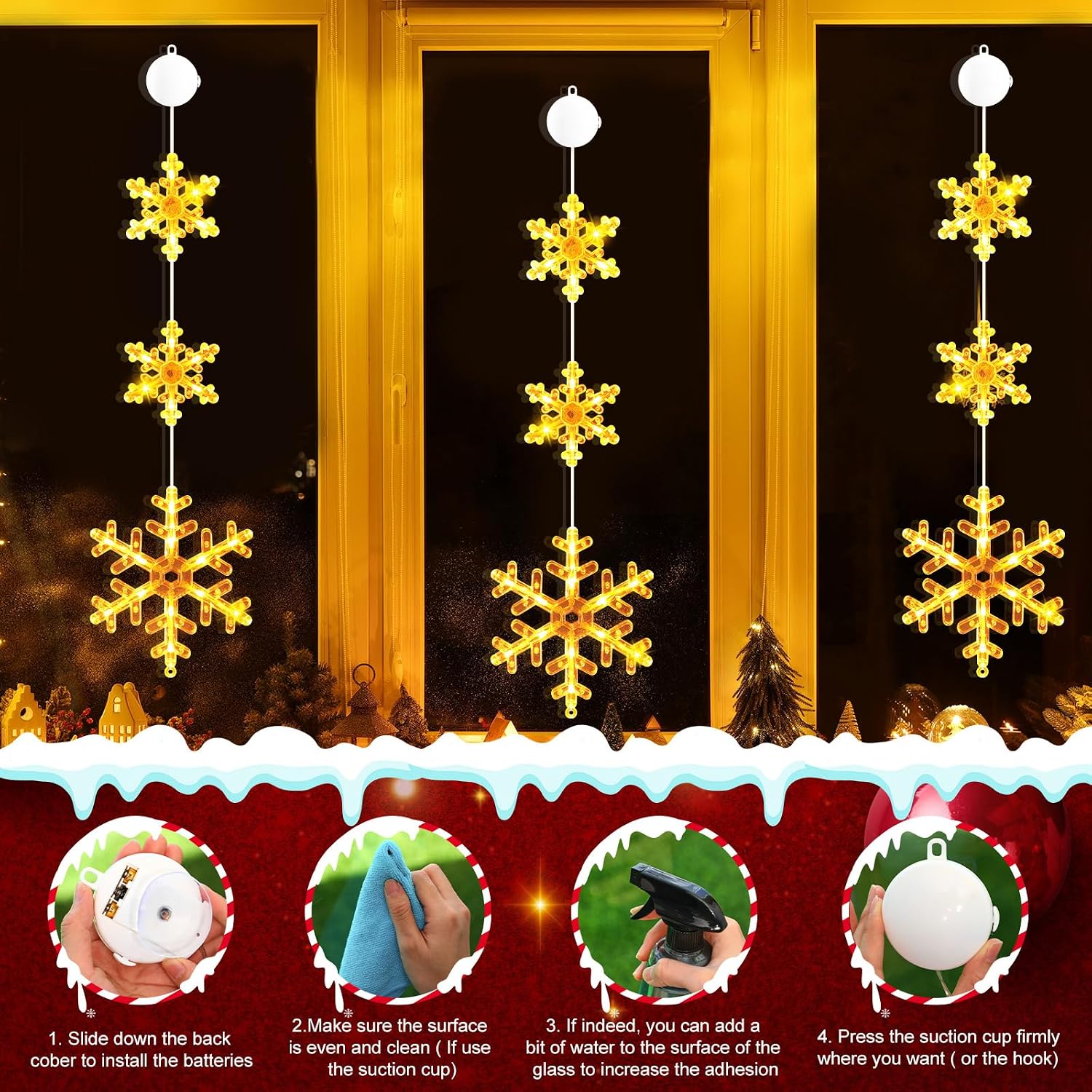 Tujoe 8 Pack Timer Christmas Window Lights Decorations Snowflake Christmas Hanging Lights with Suction Cup, 2 Modes Battery Operated for Xmas Holiday New Year Outdoor Indoor Decor (Warm White)