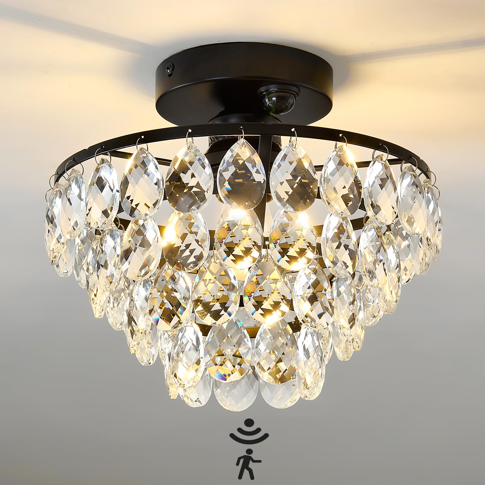 YYJLX Modern E26 Small Crystal Chandelier Semi Flush Mount Ceiling Light Fixture Silver Ceiling Lamp for Hallway Bedroom Bathroom Closet Bedroom Foyer （Chrome）