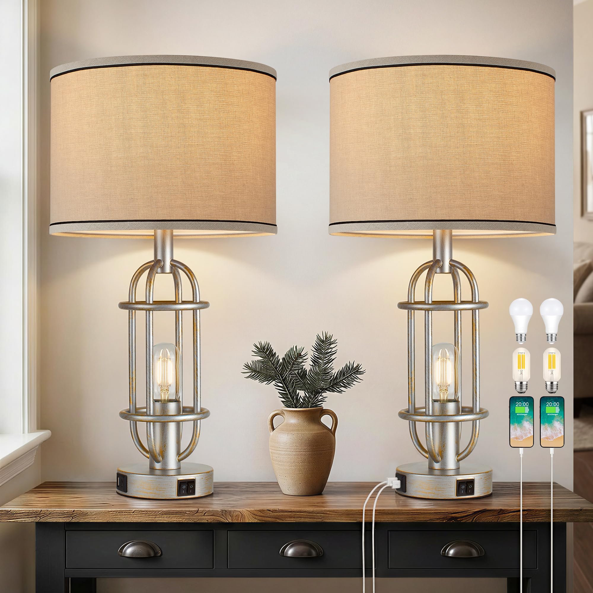 Reaketon Black Table Lamps for Living Room Set of 2, 22.3" Farmhouse Lamps for Nightstand, Industrial Table Lamps for Bedroom with USB Ports, Bulbs Included
