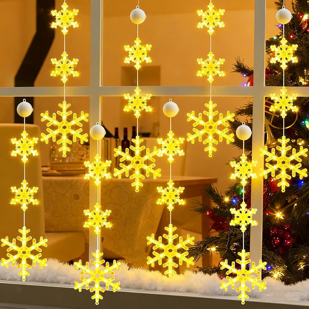 Tujoe 8 Pack Timer Christmas Window Lights Decorations Snowflake Christmas Hanging Lights with Suction Cup, 2 Modes Battery Operated for Xmas Holiday New Year Outdoor Indoor Decor (Warm White)