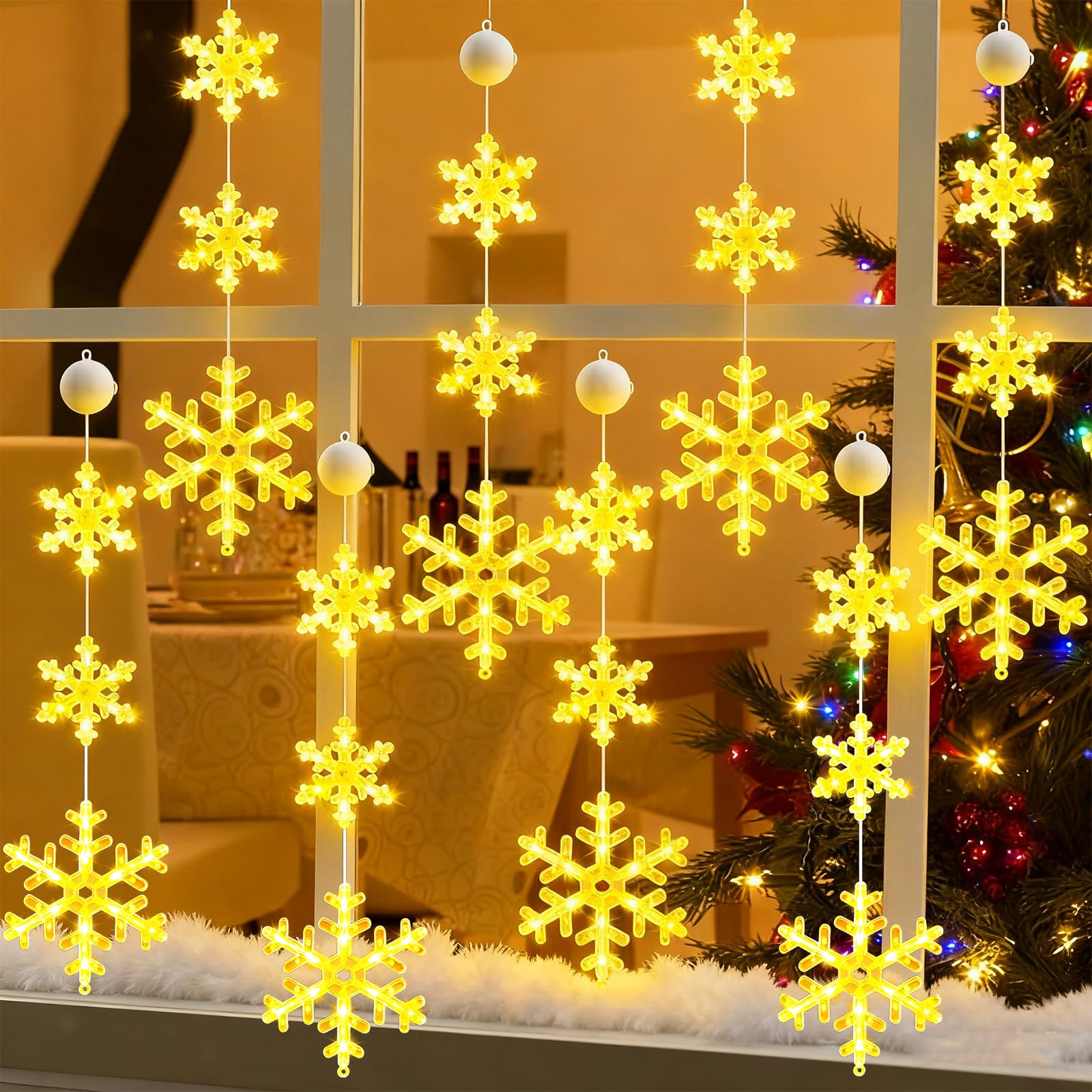 Tujoe 8 Pack Timer Christmas Window Lights Decorations Snowflake Christmas Hanging Lights with Suction Cup, 2 Modes Battery Operated for Xmas Holiday New Year Outdoor Indoor Decor (Warm White)