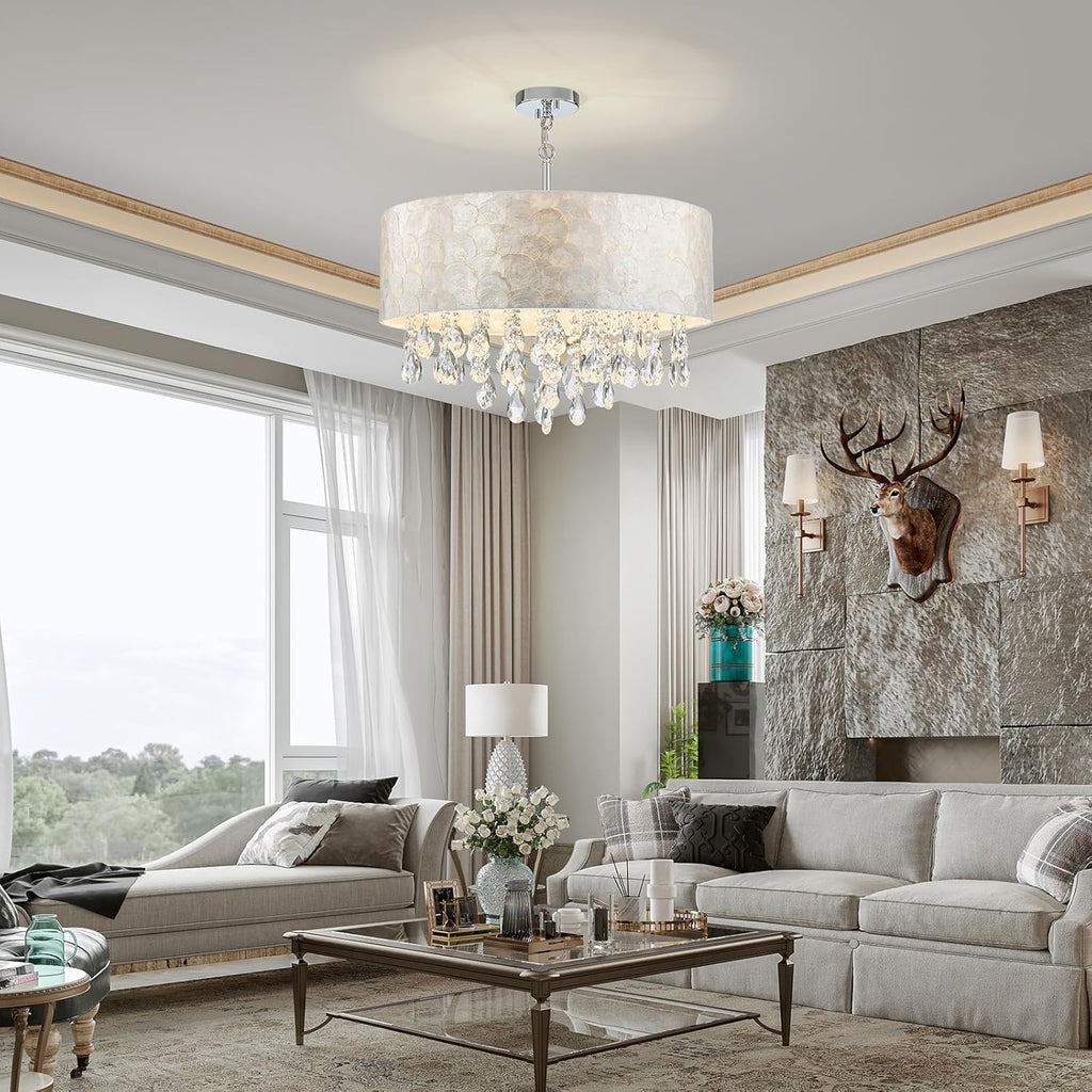 LumFurn X-Large 6-Light Drum Capiz Shell Crystal Chandeliers, Coastal Style Pendant Light Fixture for Dining Room, Living Room, D24 x H23~71 inch(Adjustable), Shell Lampshade & Chrome Finish