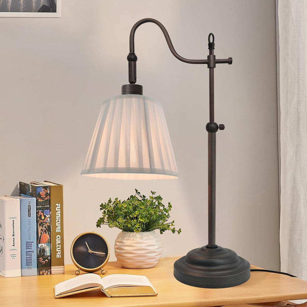 Vintage Farmhouse Swing Arm Desk Lamp, E26 Pleated Table Lamp for Bedroom Living Room