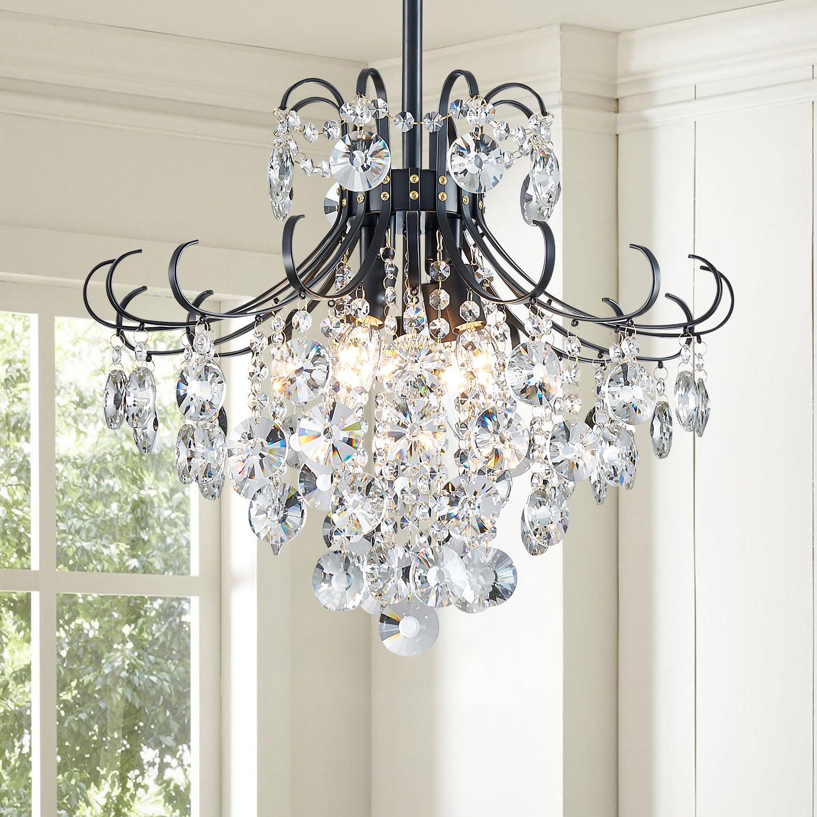 5-Light Modern Candle Crystal Glass Chandelier Pendant Ceiling Lighting Fixture for Dining Room Kitchen Hallway Living Room Bedroom Bar Closet, 23" Chrome Contemporary Elegant Lamp