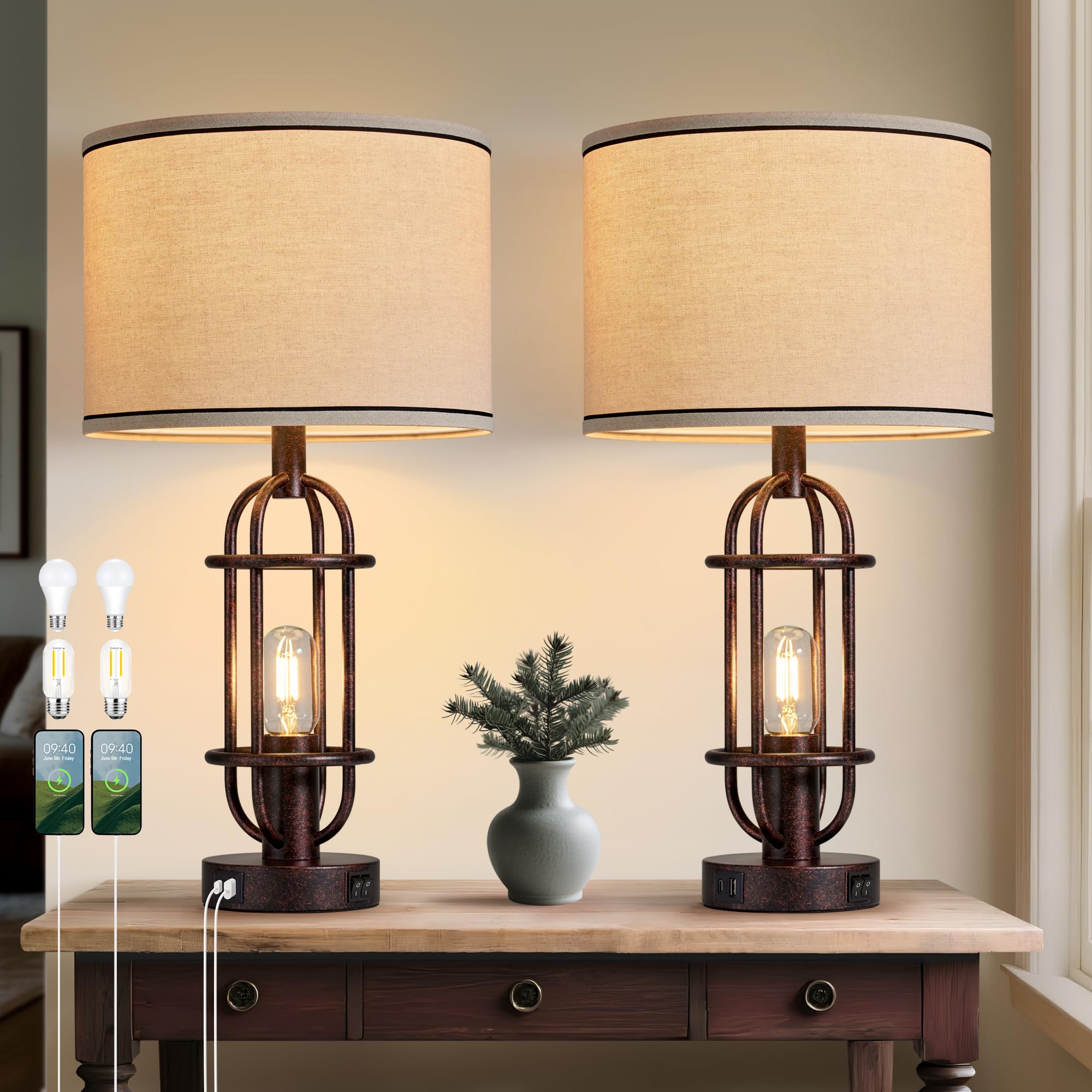 Reaketon Black Table Lamps for Living Room Set of 2, 22.3" Farmhouse Lamps for Nightstand, Industrial Table Lamps for Bedroom with USB Ports, Bulbs Included
