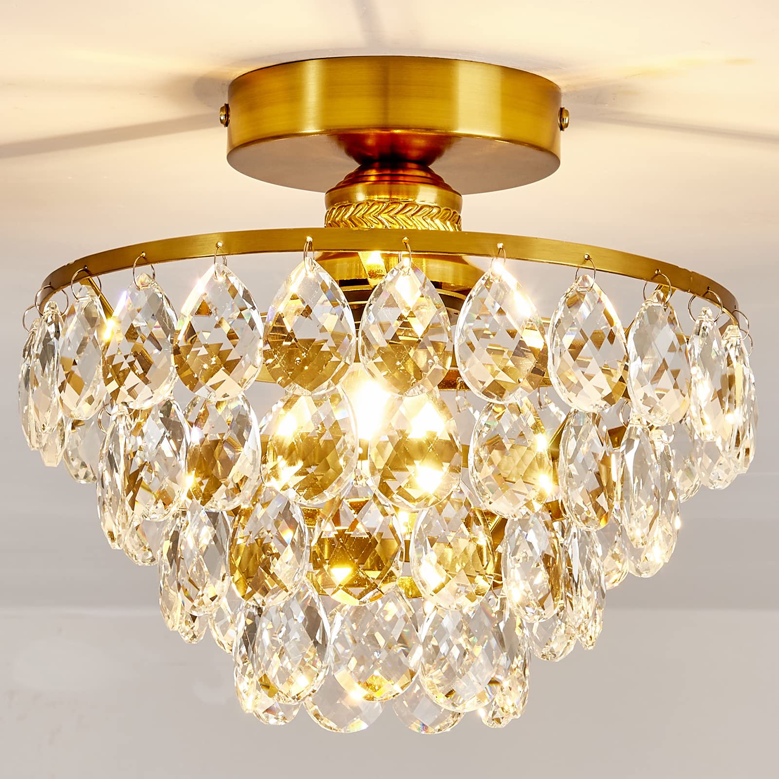 YYJLX Modern E26 Small Crystal Chandelier Semi Flush Mount Ceiling Light Fixture Silver Ceiling Lamp for Hallway Bedroom Bathroom Closet Bedroom Foyer （Chrome）