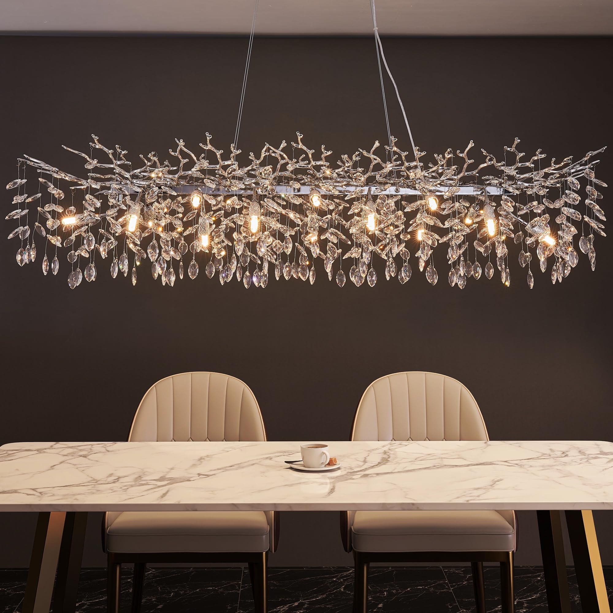 8-Light Modern Silver Crystal Chandelier 23.6", Tree Branch Pendant Lighting for Home