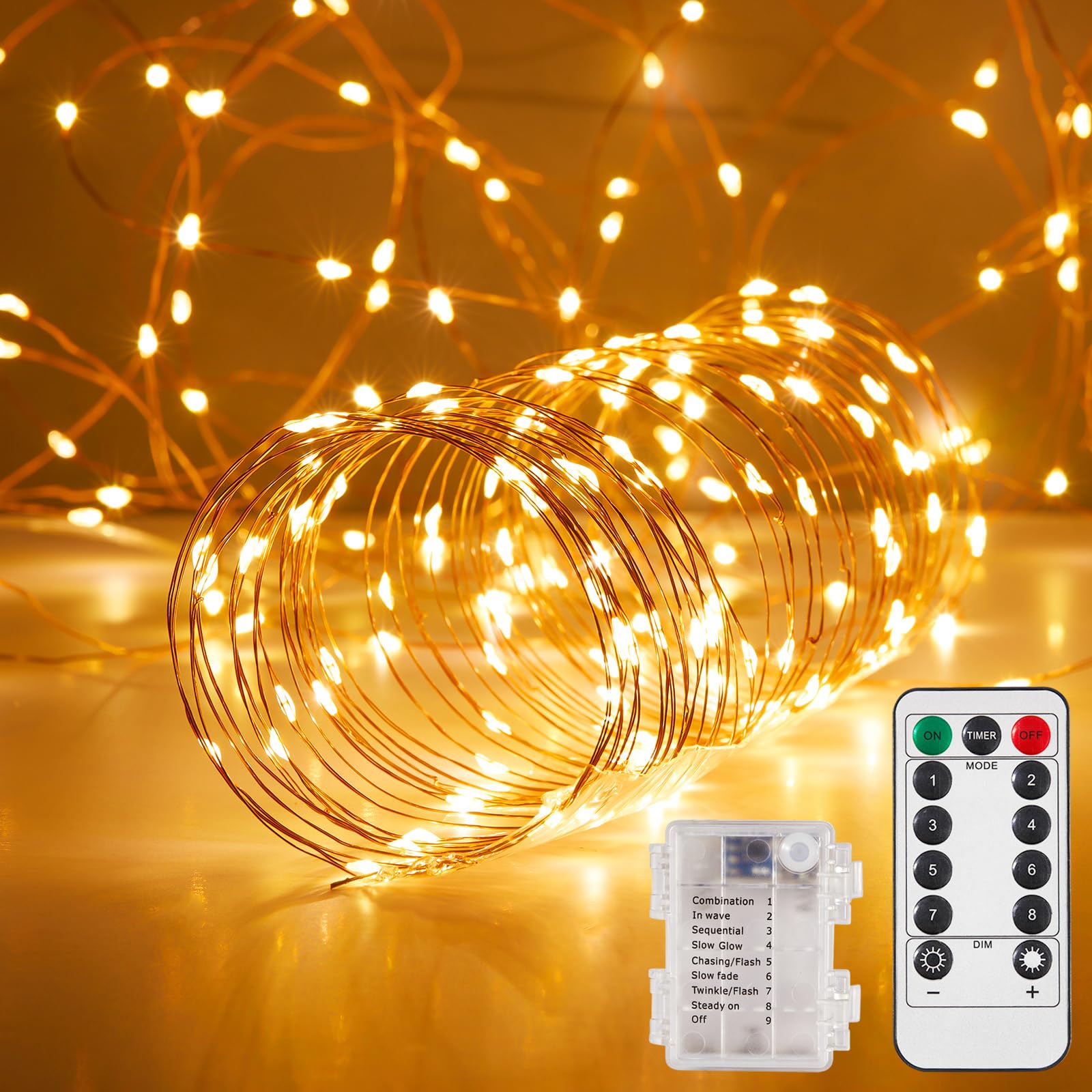 Ariceleo 4 Pack 65.6 Ft. Battery Operated Outdoor String Lights with Remote & Timer, LED Warm White Fairy Lights, Waterproof Twinkle Lights for Bedroom, Dorm, Mason Jar, Wedding, Party, Christmas