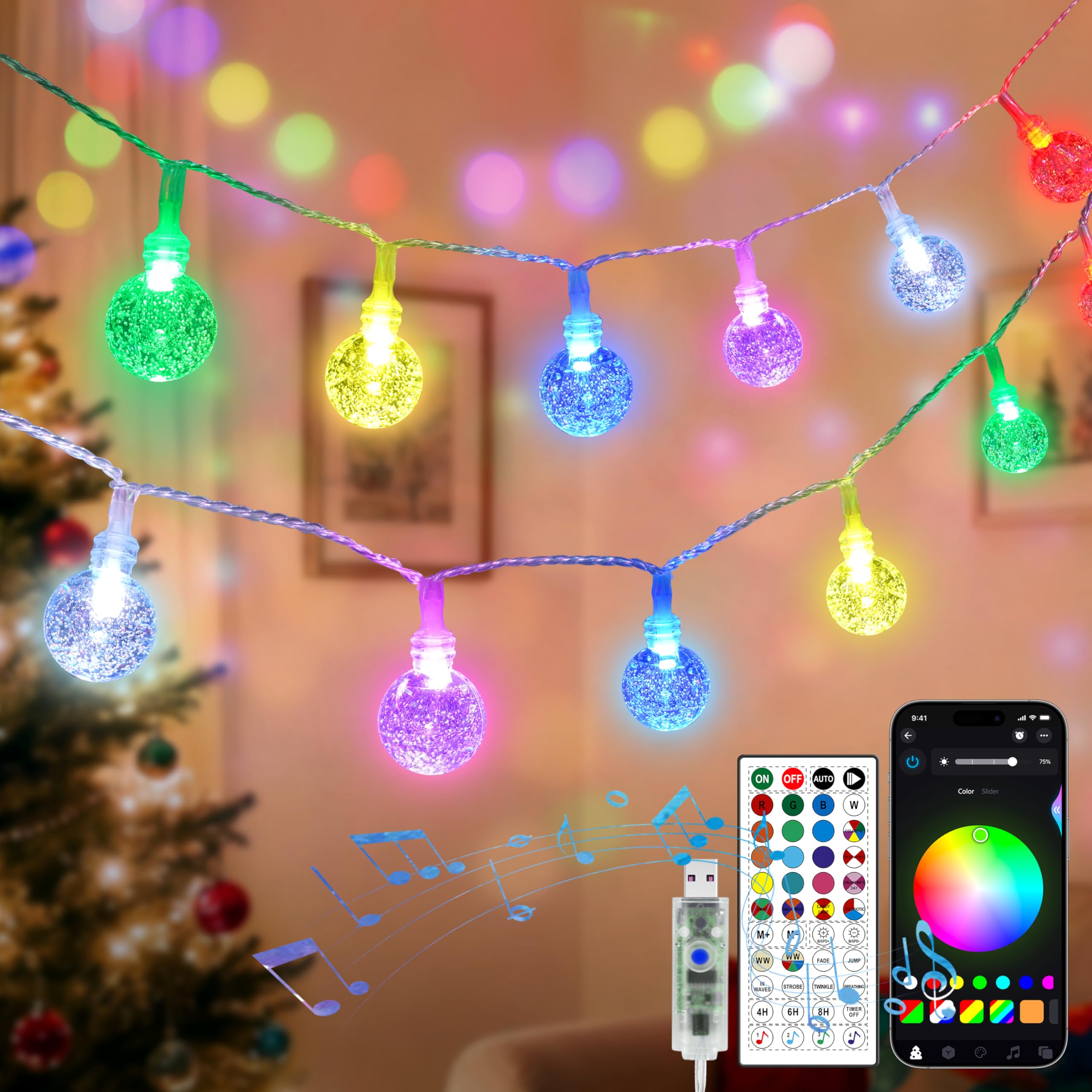 OMIKA Globe Outdoor String Lights Plug in, Connectable 66ft 120LED Crystal Ball Light Waterproof Remote, 24 Colors Decorative Lights for Patio Umbrella Tent Garden Eaves Party Indoor Christmas Décor