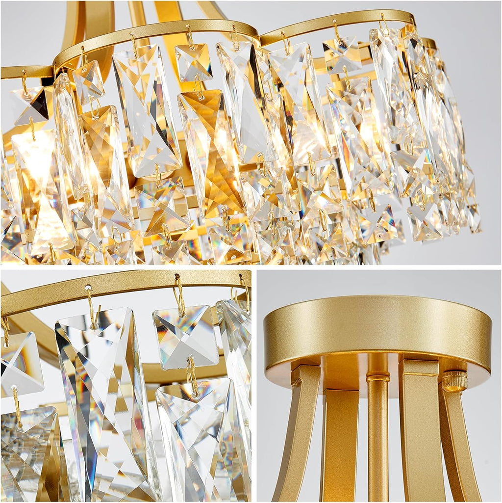 WUZUPS Crystal Chandelier Semi-Flushmount Ceiling Light Modern Lighting Fixture for Bedroom Hallway Entry Kitchen Bathroom, H 19.3" x W 18.3", E12 Base, Gold
