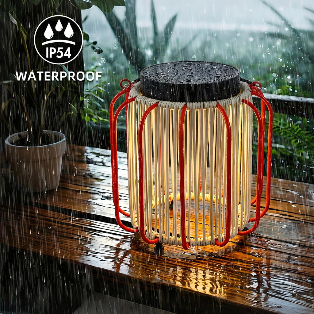 Solar Lanterns Outdoor Waterproof, Wicker Rattan Table Lamp with Iron Protective Frame, Rechargeable Hanging Lantern 30H+ Runtime, Dual USB-C/Solar, 3 Modes, IP54 – Patio Boho Decor Light