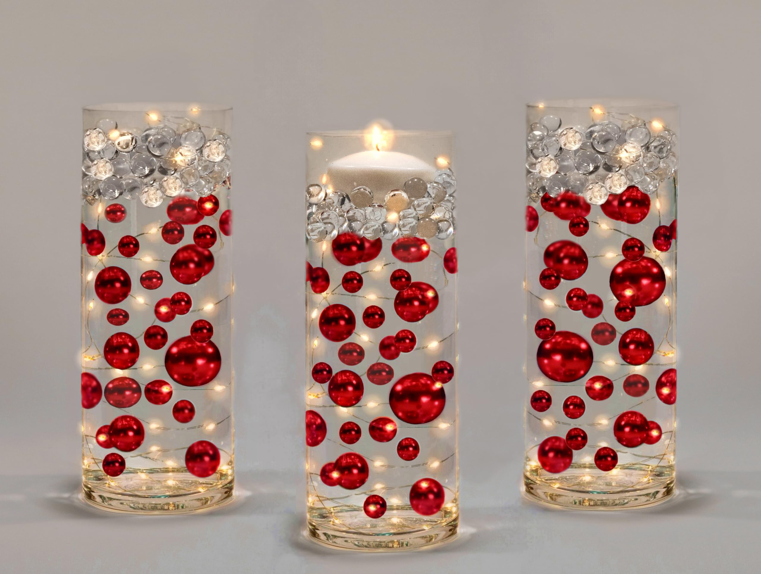 Vase Pearlfection 200 Floating White Pearls with Sparkling Gems- Large Sizes- 12 White Submersible LED Fairy Lights Strings with Hidable & Submersible Batteries- Fills 4 Gallons for Your Vases