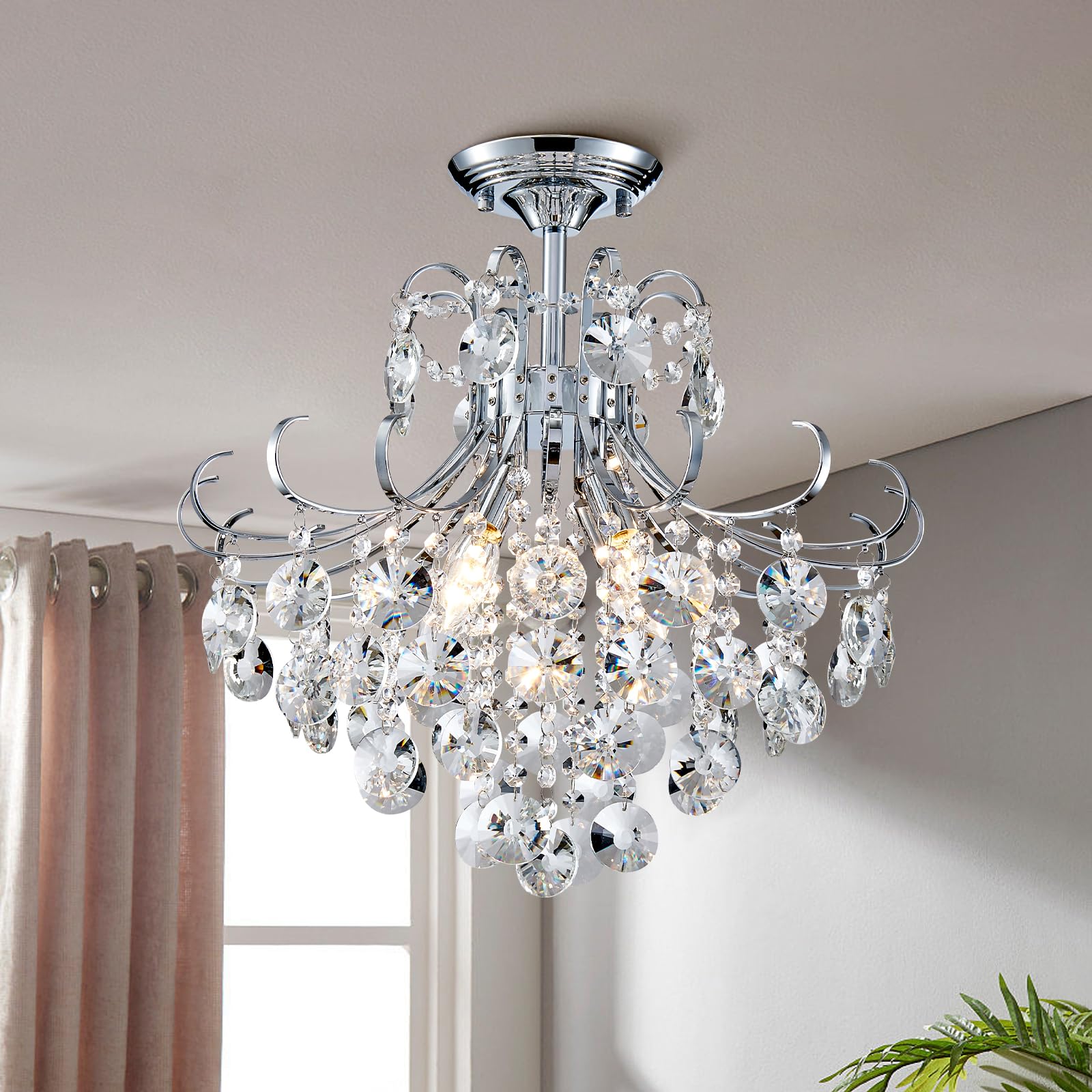 5-Light Modern Candle Crystal Glass Chandelier Pendant Ceiling Lighting Fixture for Dining Room Kitchen Hallway Living Room Bedroom Bar Closet, 23" Chrome Contemporary Elegant Lamp
