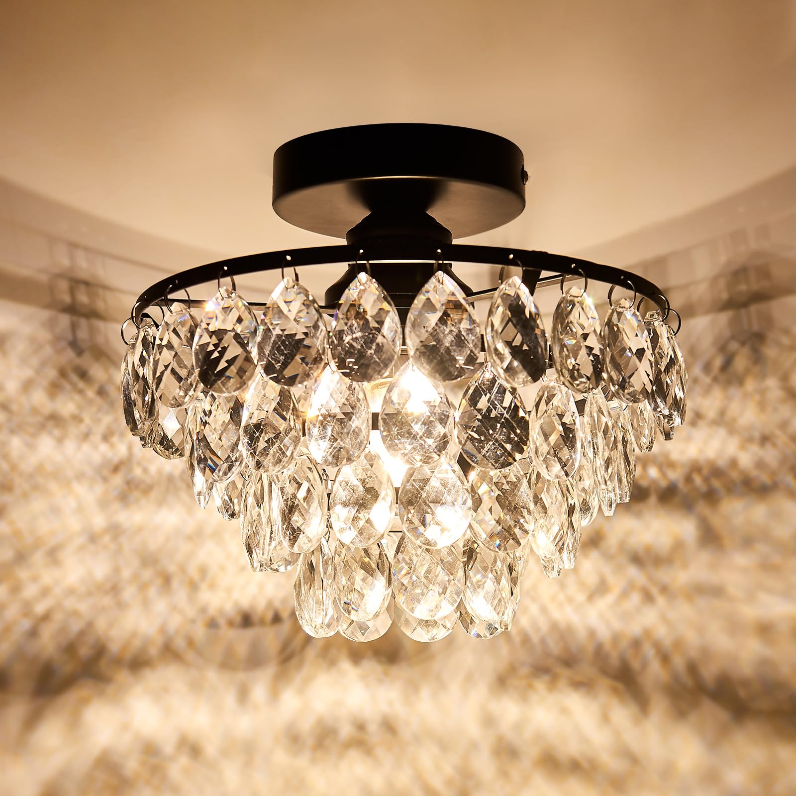 YYJLX Modern E26 Small Crystal Chandelier Semi Flush Mount Ceiling Light Fixture Silver Ceiling Lamp for Hallway Bedroom Bathroom Closet Bedroom Foyer （Chrome）