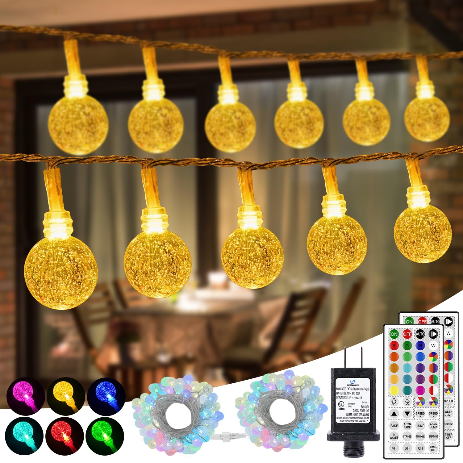 OMIKA Globe Outdoor String Lights Plug in, Connectable 66ft 120LED Crystal Ball Light Waterproof Remote, 24 Colors Decorative Lights for Patio Umbrella Tent Garden Eaves Party Indoor Christmas Décor