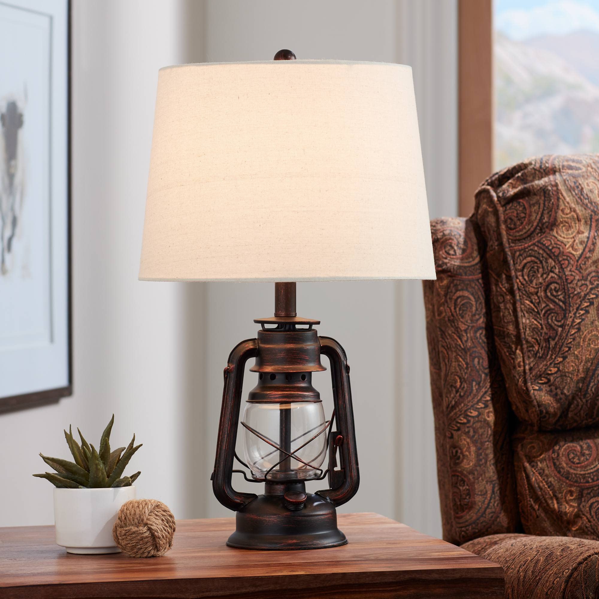 Franklin Iron Works Murphy Industrial Rustic Accent Table Lamp Miner Lantern 23" High Weathered Bronze Metal Clear Glass Oatmeal Fabric Drum Shade Decor for Living Room Bedroom House Bedside